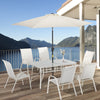 Outsunny 8 Pieces Patio Dining Set with Umbrella, Aluminum Frame Outdoor Patio Furniture Set with 6 Sling Chairs and Glass Top Rectangle Dining Table, Cream White