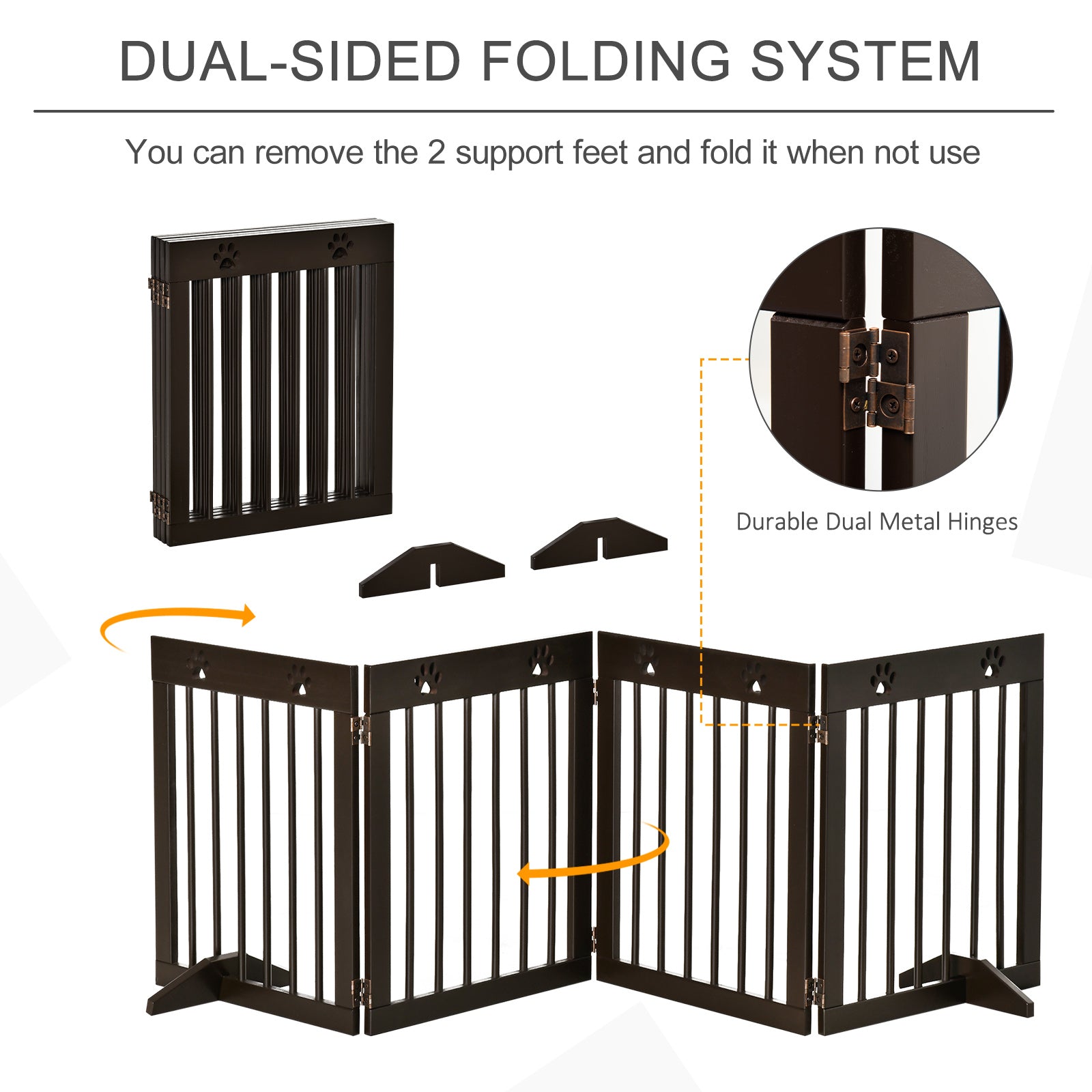 PawHut Freestanding Pet Gate with Two-Direction Hinges, Removable Feet, Foldable Wooden Dog Fence with Paw Carved, 24" x 20", Espresso Brown