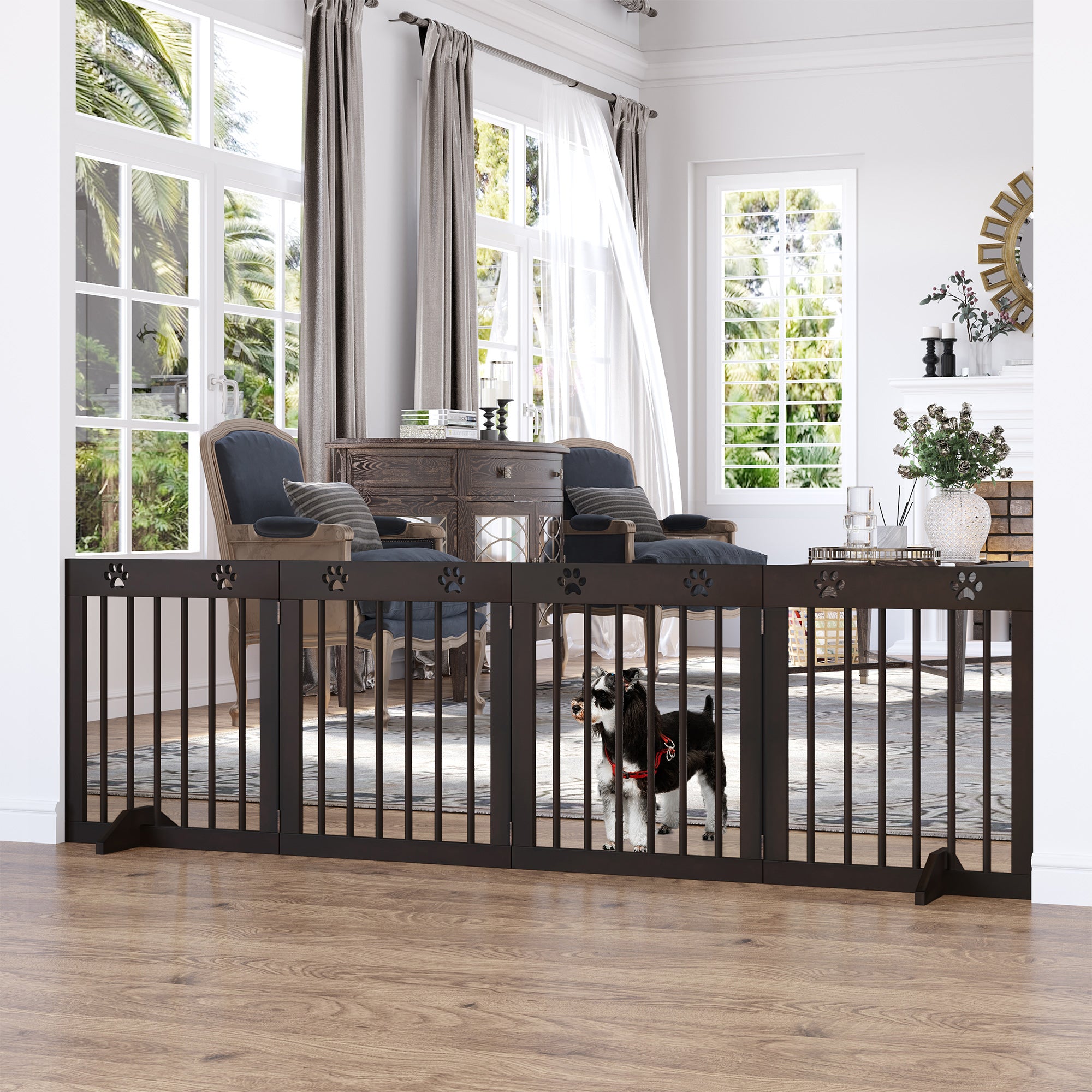 PawHut Freestanding Pet Gate 4 Panel Wooden Dog Barrier Folding Safety Fence with Support Feet up to 204cm Long 61cm Tall for Doorway Stairs Brown