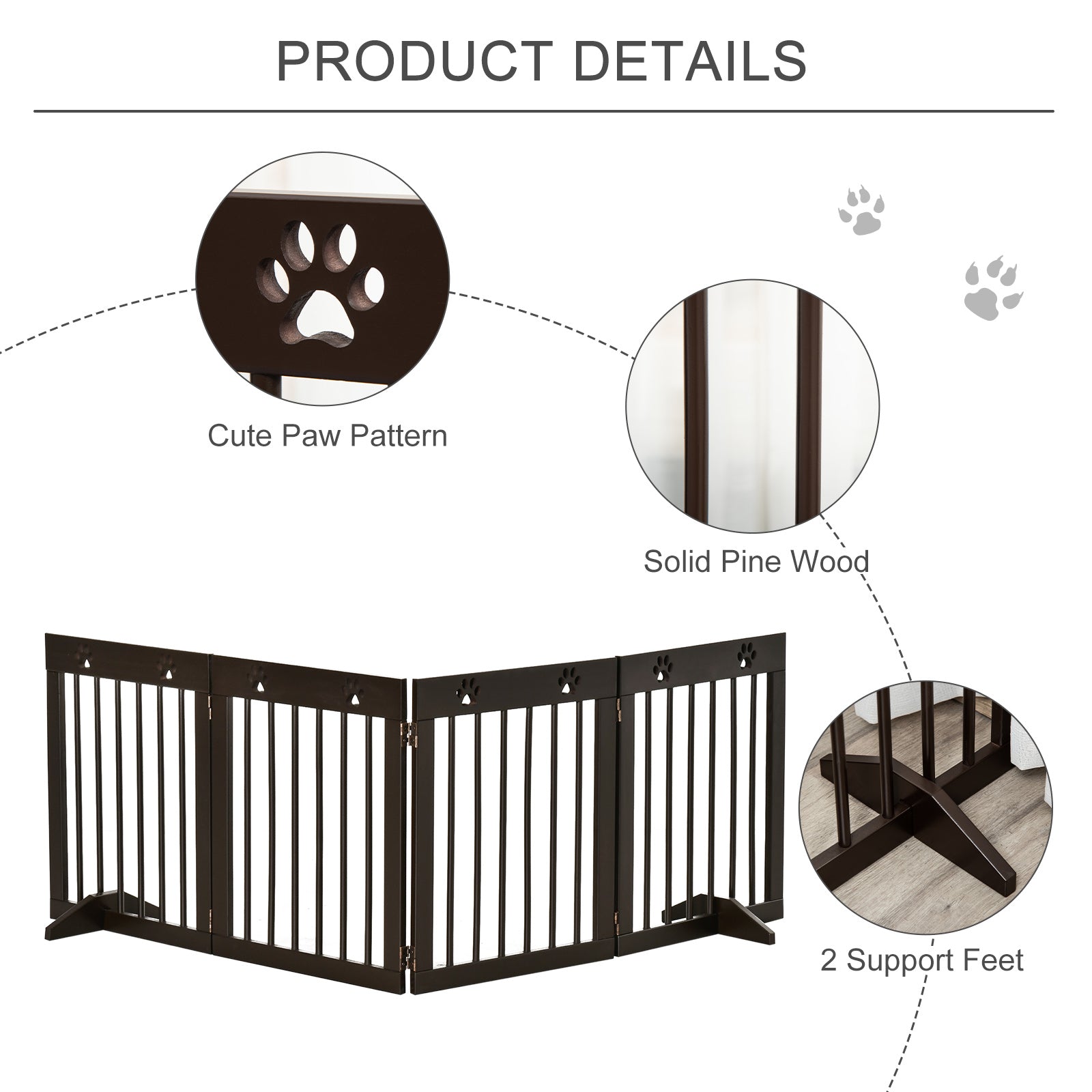 PawHut Freestanding Pet Gate with Two-Direction Hinges, Removable Feet, Foldable Wooden Dog Fence with Paw Carved, 24" x 20", Espresso Brown
