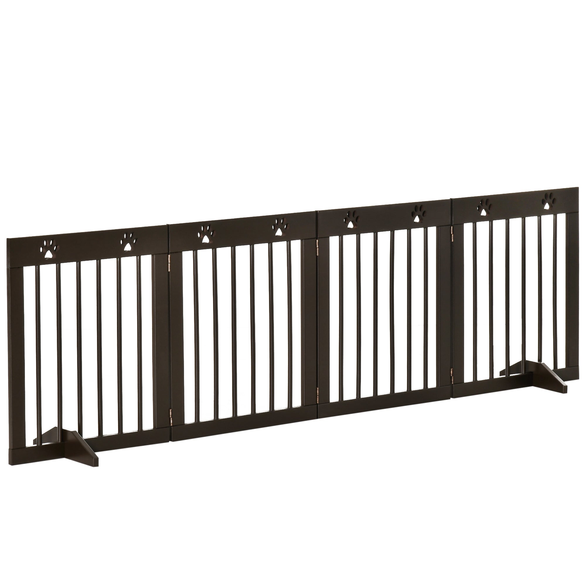 PawHut Freestanding Pet Gate 4 Panel Wooden Dog Barrier Folding Safety Fence with Support Feet up to 204cm Long 61cm Tall for Doorway Stairs Brown
