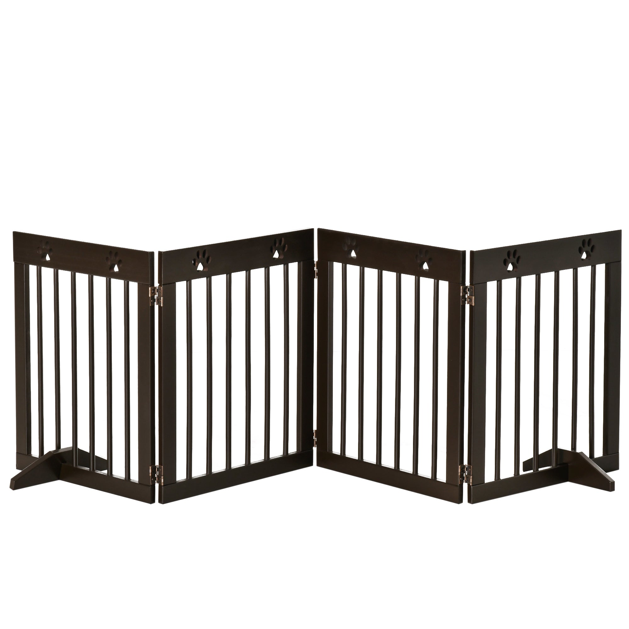 PawHut Freestanding Pet Gate with Two-Direction Hinges, Removable Feet, Foldable Wooden Dog Fence with Paw Carved, 24" x 20", Espresso Brown