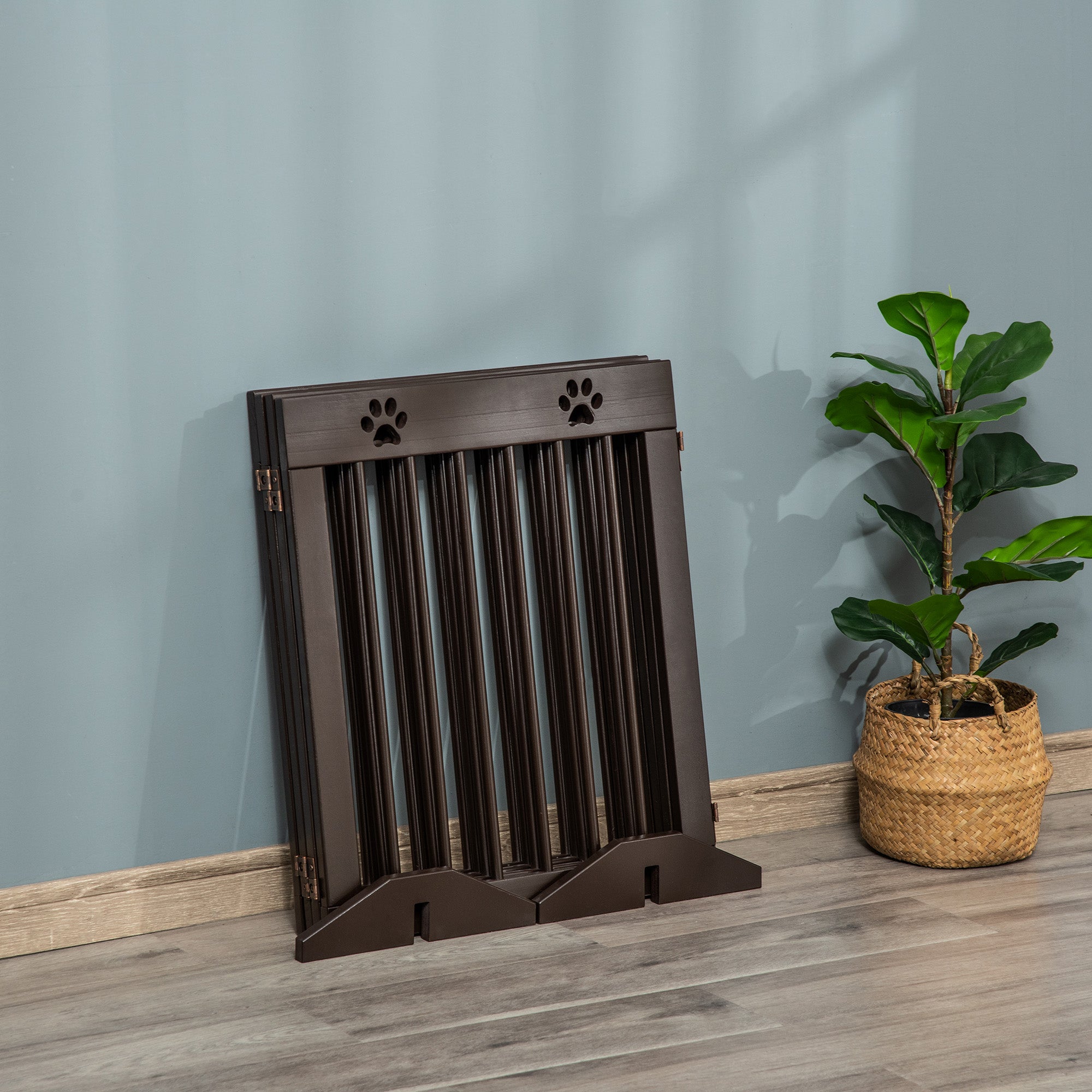 PawHut Freestanding Pet Gate with Two-Direction Hinges, Removable Feet, Foldable Wooden Dog Fence with Paw Carved, 24" x 20", Espresso Brown