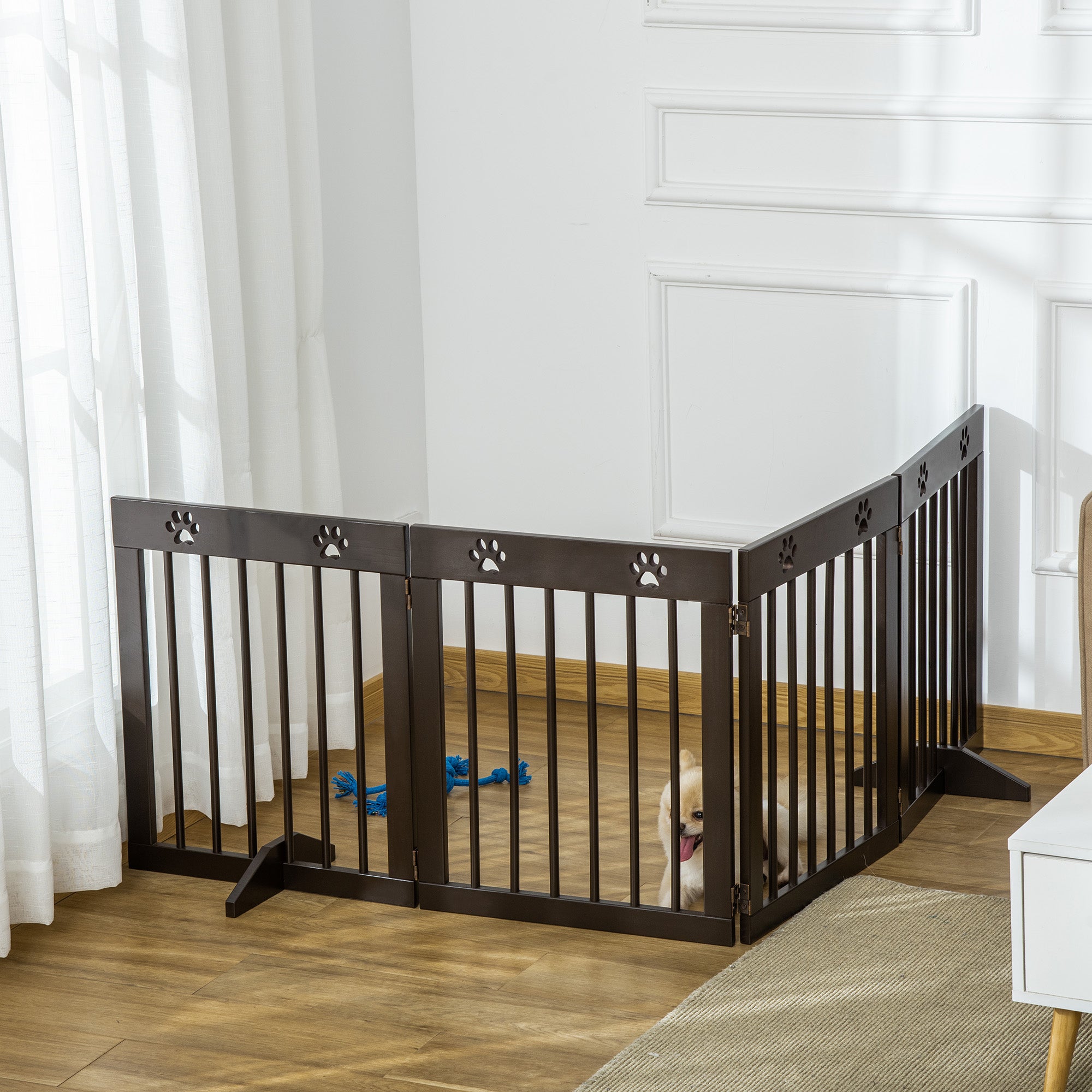 PawHut Freestanding Pet Gate with Two-Direction Hinges, Removable Feet, Foldable Wooden Dog Fence with Paw Carved, 24" x 20", Espresso Brown