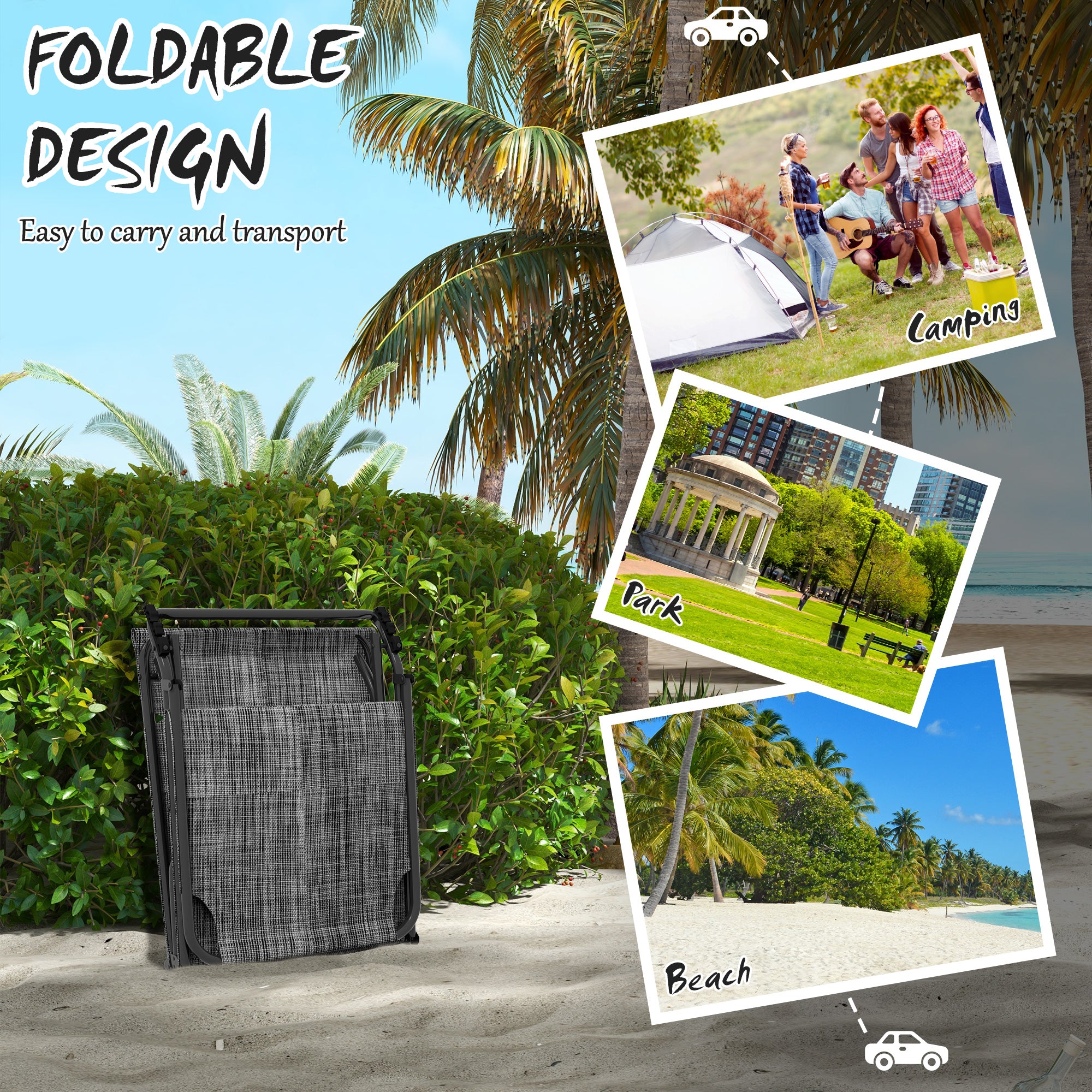 Outsunny 2 Pieces Folding Lounge Chairs with 4-level Reclining Back, Tanning Chair with Cushion, Sun Lounger with Breathable Mesh Fabric, Side Pocket, Headrest, Grey