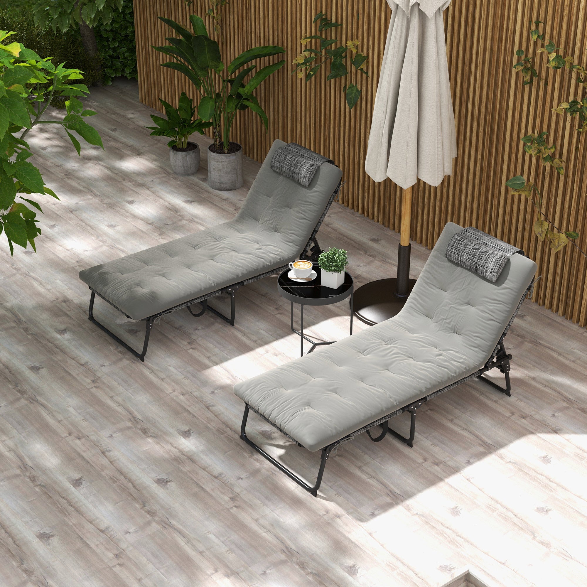 Outsunny 2 Pieces Folding Lounge Chairs with 4-level Reclining Back, Tanning Chair with Cushion, Sun Lounger with Breathable Mesh Fabric, Side Pocket, Headrest, Grey