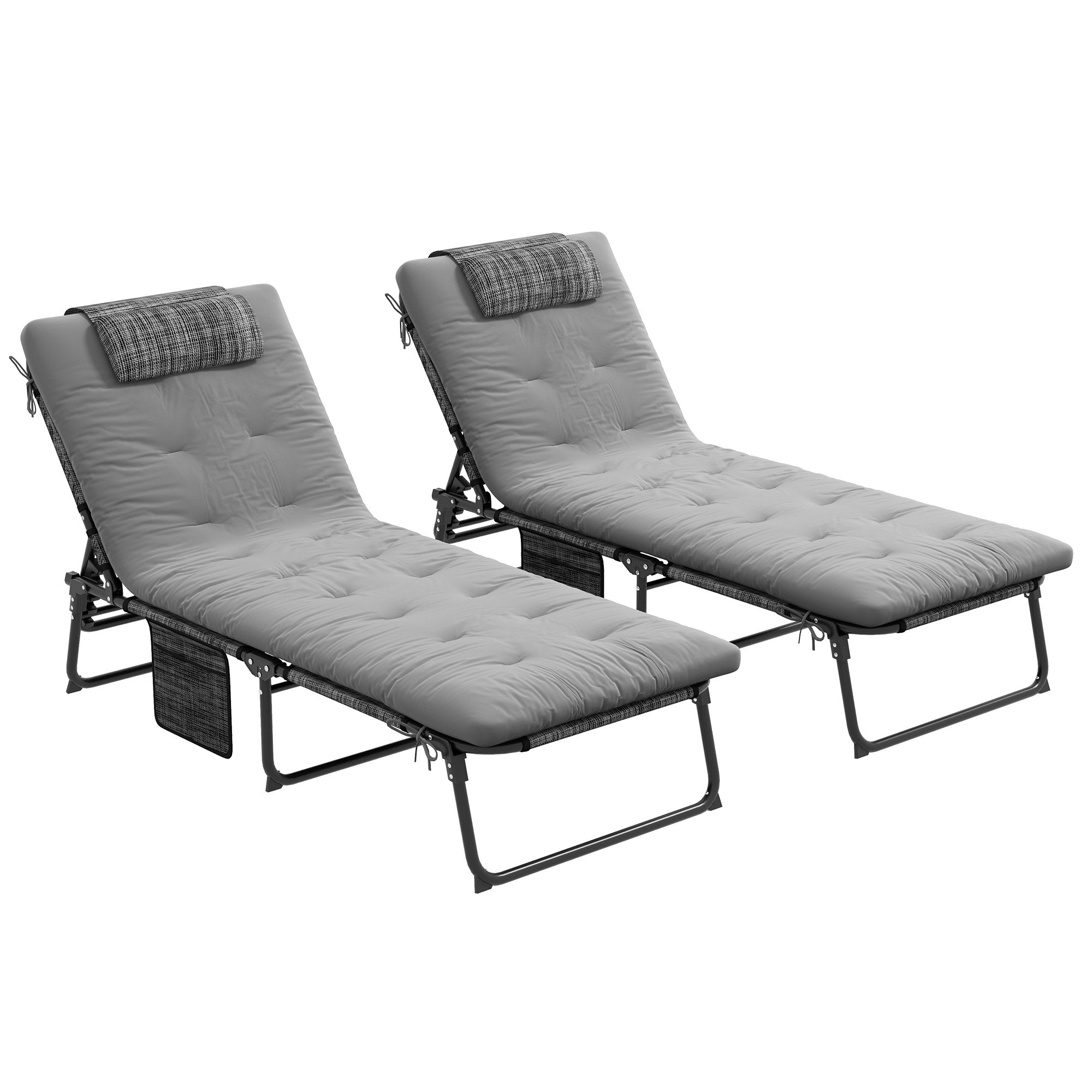 Outsunny 2 Pieces Folding Lounge Chairs with 4-level Reclining Back, Tanning Chair with Cushion, Sun Lounger with Breathable Mesh Fabric, Side Pocket, Headrest, Grey