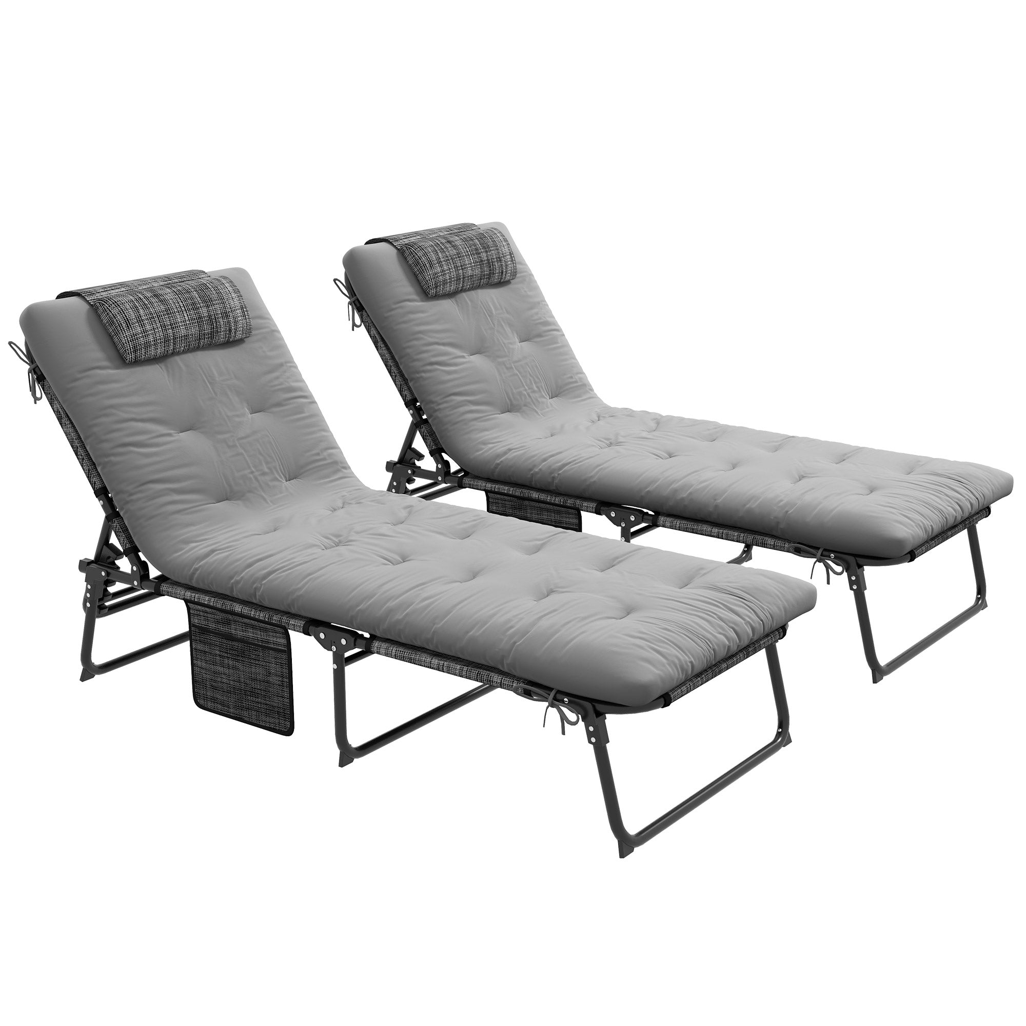 Outsunny 2 Pieces Folding Lounge Chairs with 4-level Reclining Back, Tanning Chair with Cushion, Sun Lounger with Breathable Mesh Fabric, Side Pocket, Headrest, Grey