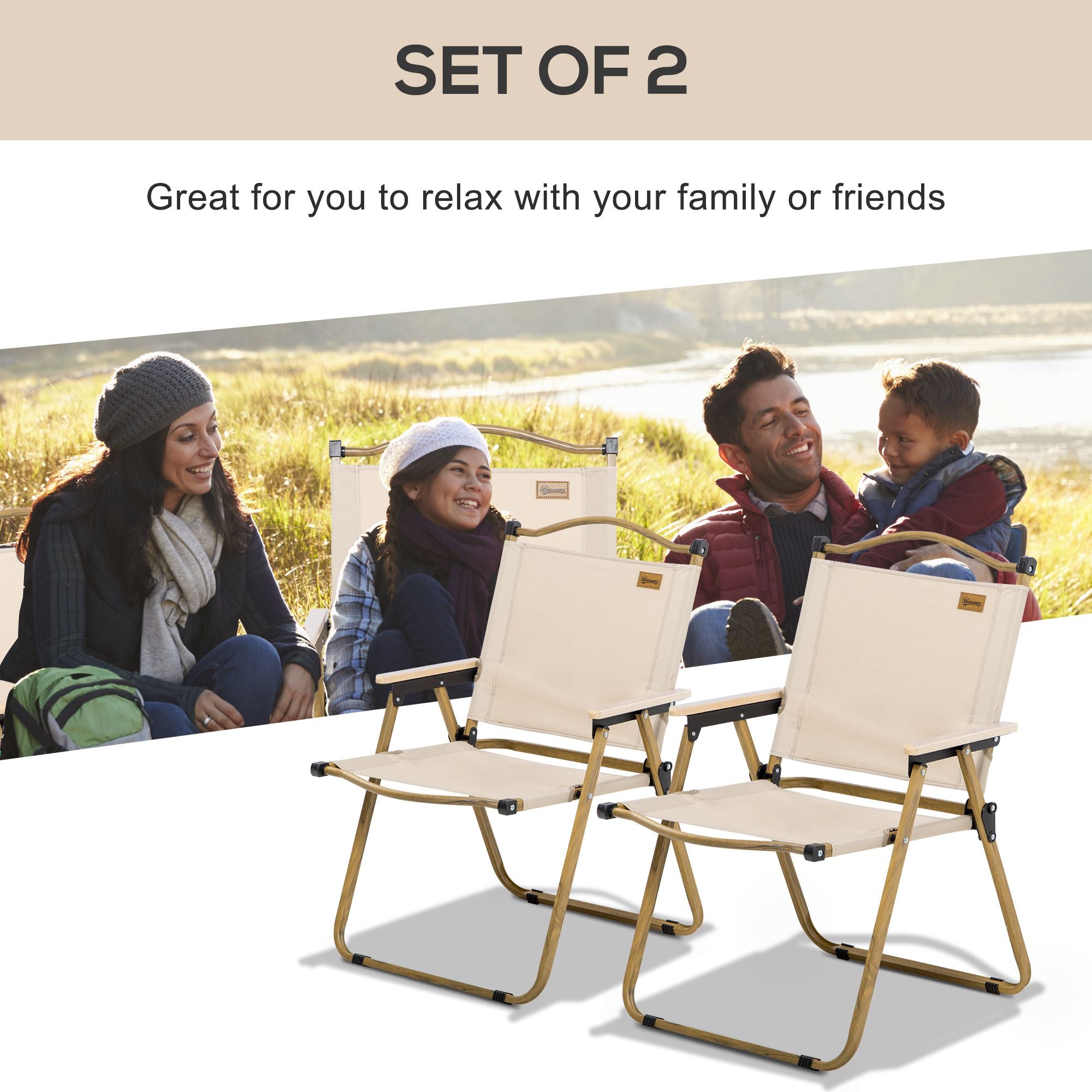 Outsunny Set of 2 Camping Chair, Lightweight Folding Chair, Portable Armchairs, Excellent for Festivals, Fishing, Beach and Hiking, Khaki