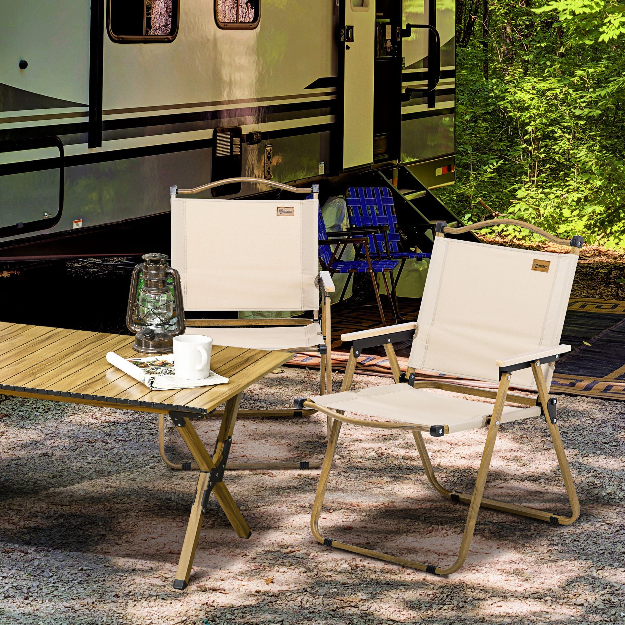 Outsunny Set of 2 Camping Chair, Lightweight Folding Chair, Portable Armchairs, Excellent for Festivals, Fishing, Beach and Hiking, Khaki