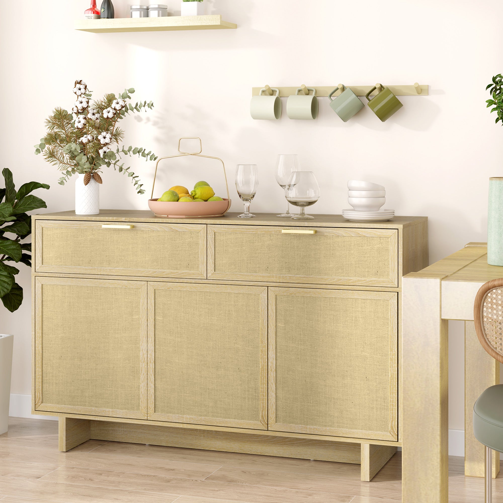 HOMCOM Buffet Cabinet with Storage, Boho Kitchen Sideboard with Linen Push to Open Hinge Doors, Drawers and Adjustable Shelf, Coffee Bar Cabinet, Natural Wood
