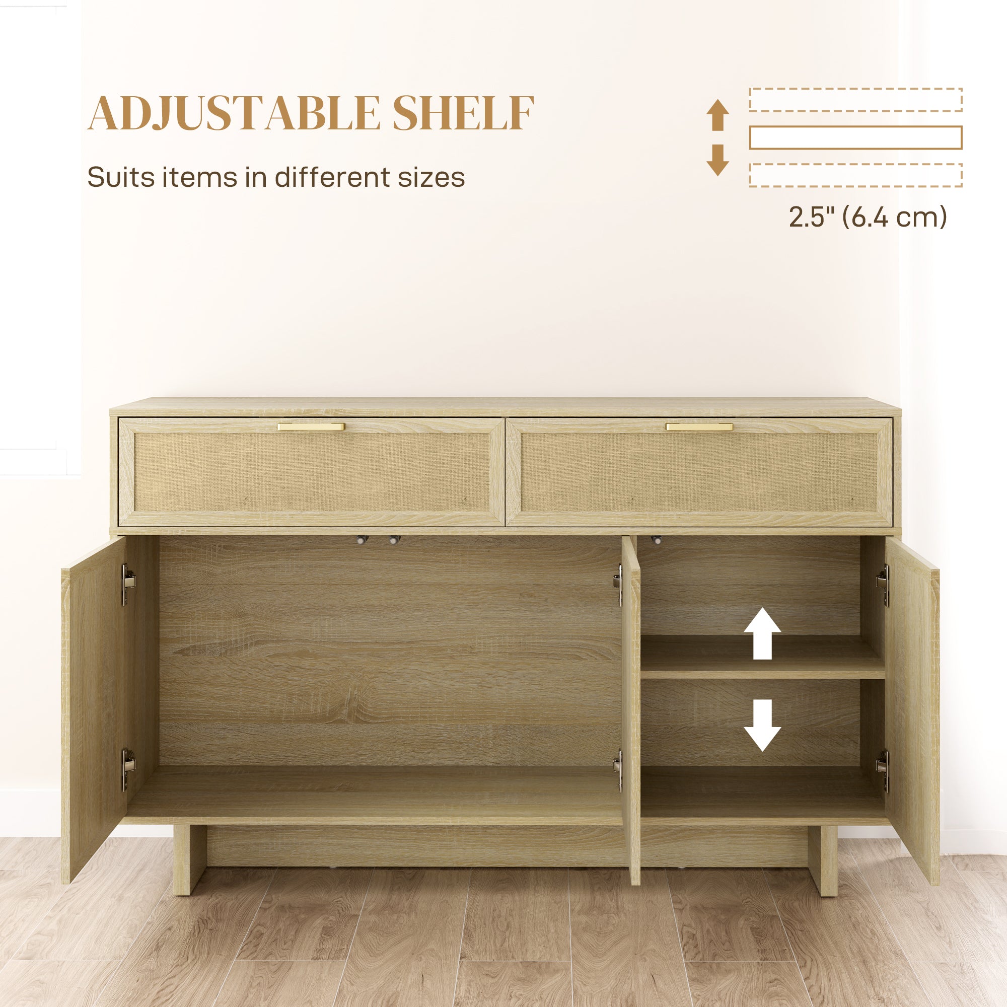 HOMCOM Buffet Cabinet with Storage, Boho Kitchen Sideboard with Linen Push to Open Hinge Doors, Drawers and Adjustable Shelf, Coffee Bar Cabinet, Natural Wood