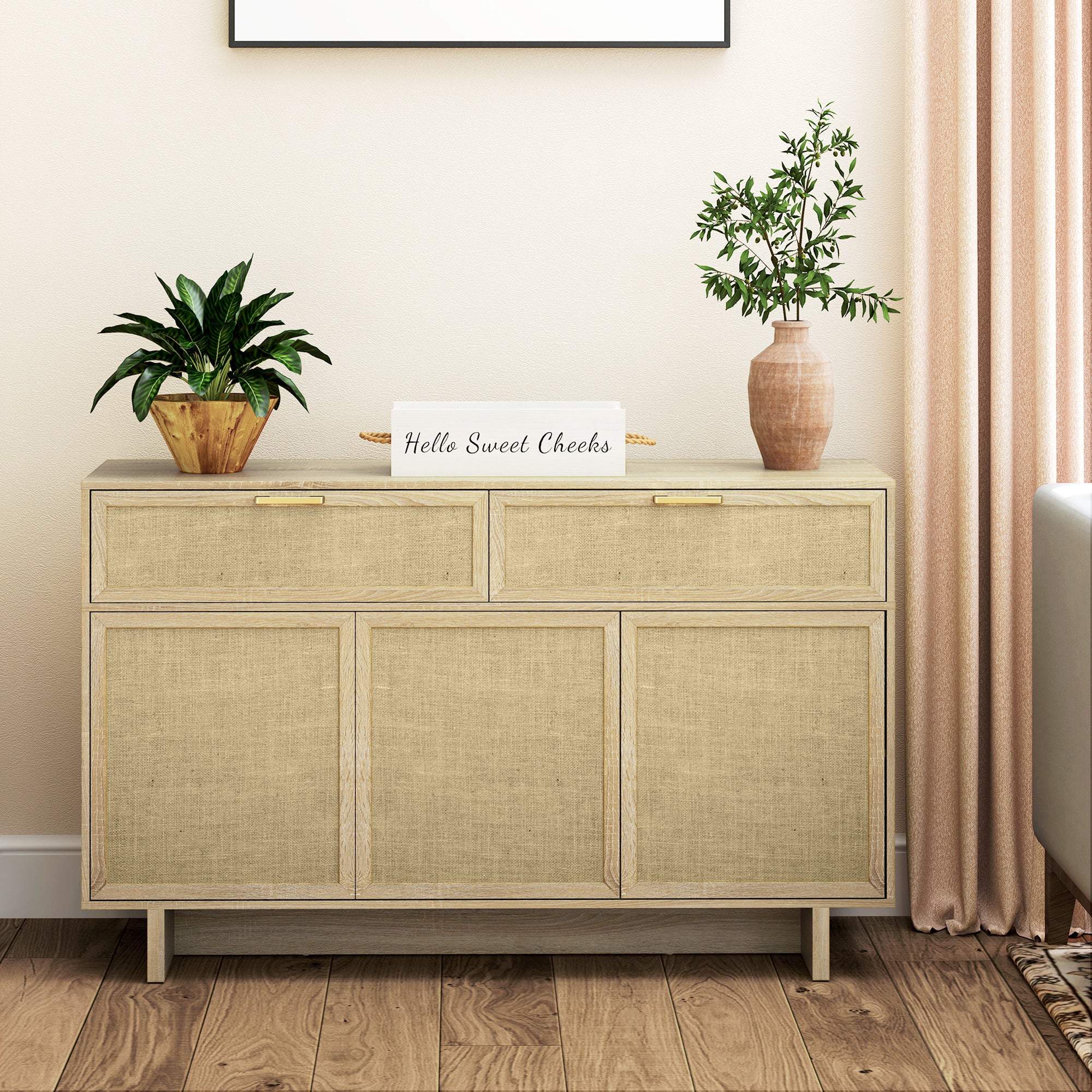 HOMCOM Buffet Cabinet with Storage, Boho Kitchen Sideboard with Linen Push to Open Hinge Doors, Drawers and Adjustable Shelf, Coffee Bar Cabinet, Natural Wood