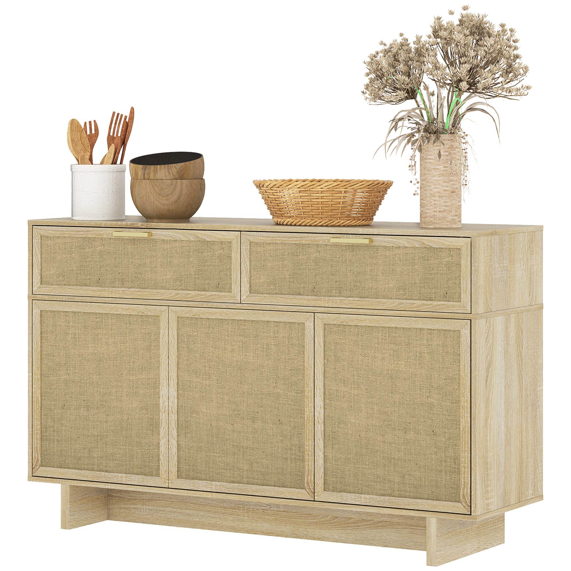 HOMCOM Buffet Cabinet with Storage, Boho Kitchen Sideboard with Linen Push to Open Hinge Doors, Drawers and Adjustable Shelf, Coffee Bar Cabinet, Natural Wood