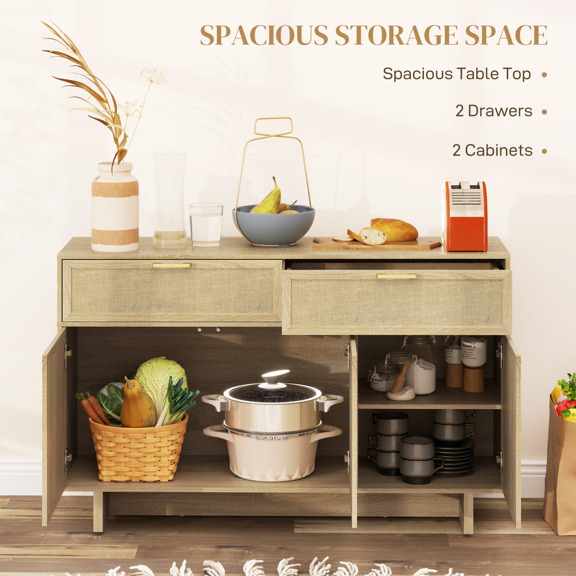HOMCOM Buffet Cabinet with Storage, Boho Kitchen Sideboard with Linen Push to Open Hinge Doors, Drawers and Adjustable Shelf, Coffee Bar Cabinet, Natural Wood