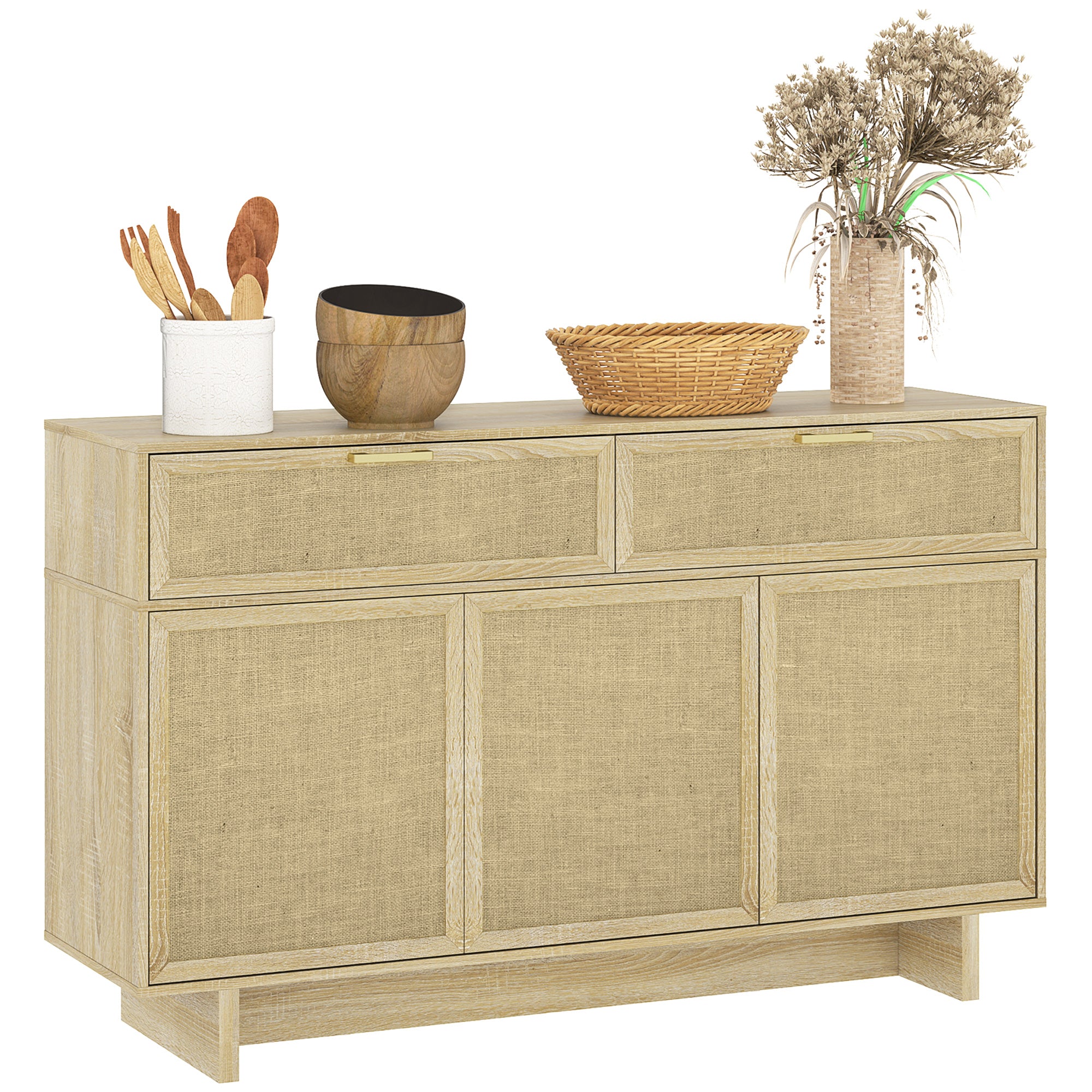 HOMCOM Buffet Cabinet with Storage, Boho Kitchen Sideboard with Linen Push to Open Hinge Doors, Drawers and Adjustable Shelf, Coffee Bar Cabinet, Natural Wood