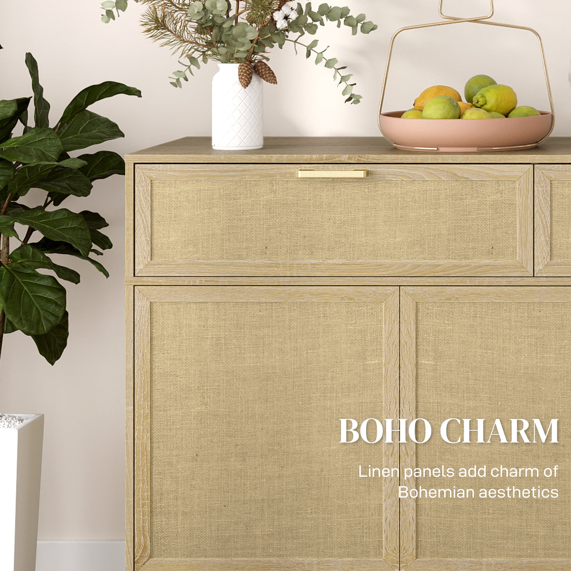HOMCOM Buffet Cabinet with Storage, Boho Kitchen Sideboard with Linen Push to Open Hinge Doors, Drawers and Adjustable Shelf, Coffee Bar Cabinet, Natural Wood