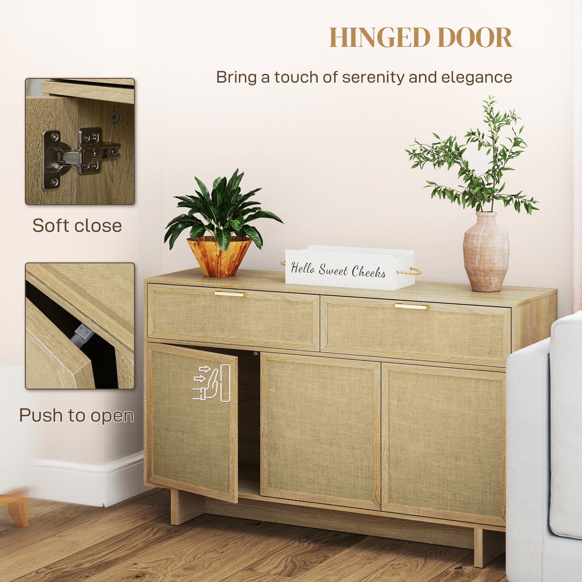 HOMCOM Buffet Cabinet with Storage, Boho Kitchen Sideboard with Linen Push to Open Hinge Doors, Drawers and Adjustable Shelf, Coffee Bar Cabinet, Natural Wood