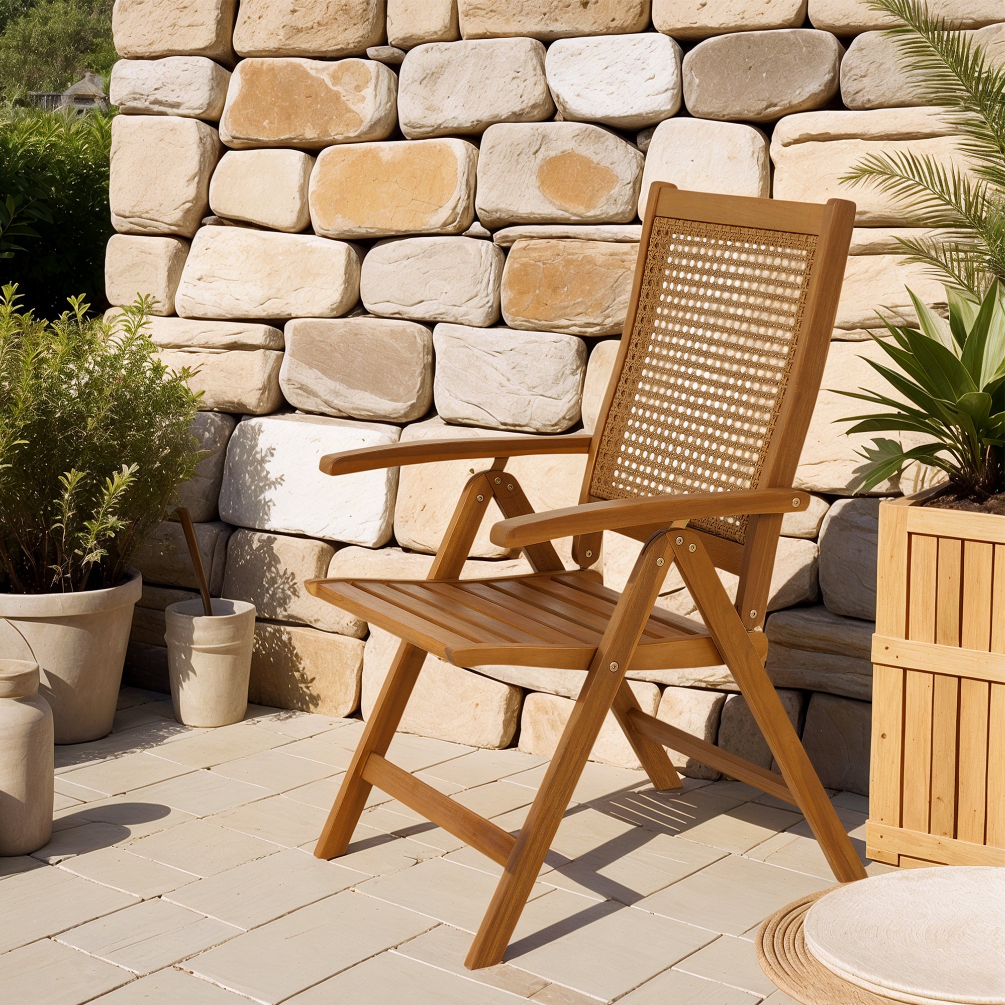 Outsunny Outdoor Folding Chair, Acacia Wood Foldable Camping Chair with 5-Level Adjustable Back, Slatted Seat, Armrest for Camping, Garden, Pool, Beach, Backyard, Teak