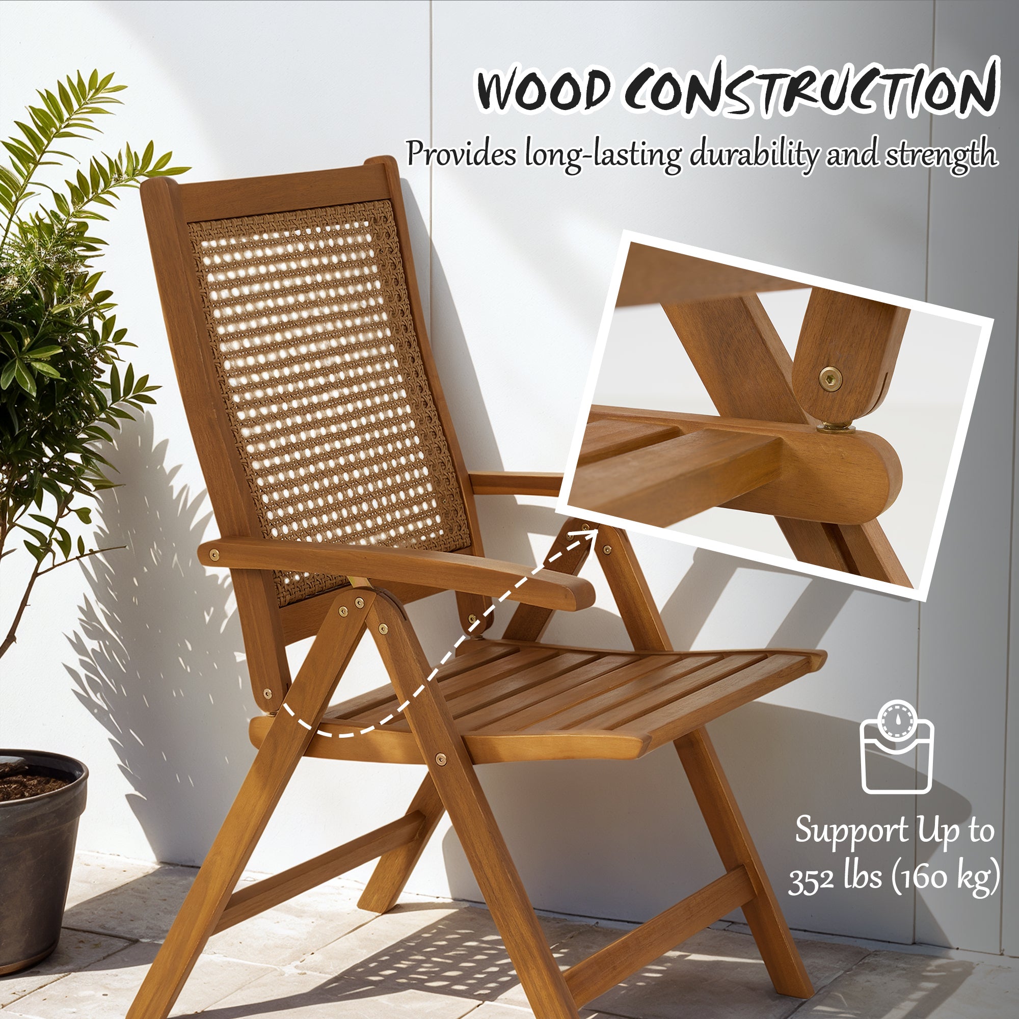 Outsunny Outdoor Folding Chair, Acacia Wood Foldable Camping Chair with 5-Level Adjustable Back, Slatted Seat, Armrest for Camping, Garden, Pool, Beach, Backyard, Teak