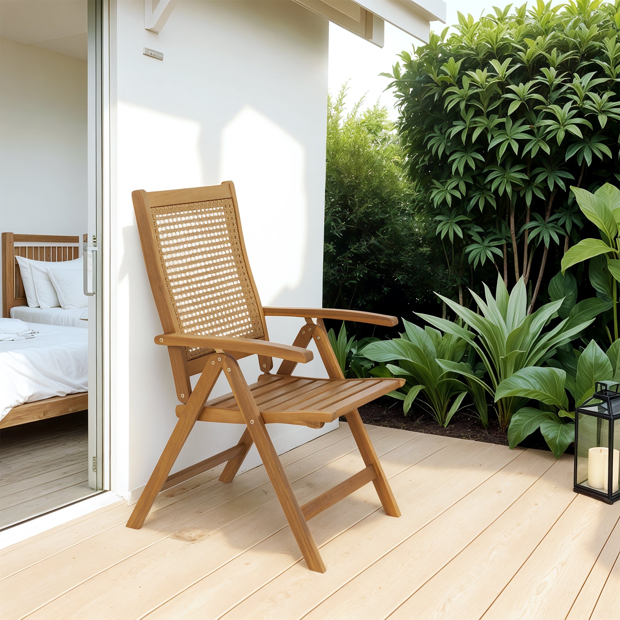 Outsunny Outdoor Folding Chair, Acacia Wood Foldable Camping Chair with 5-Level Adjustable Back, Slatted Seat, Armrest for Camping, Garden, Pool, Beach, Backyard, Teak