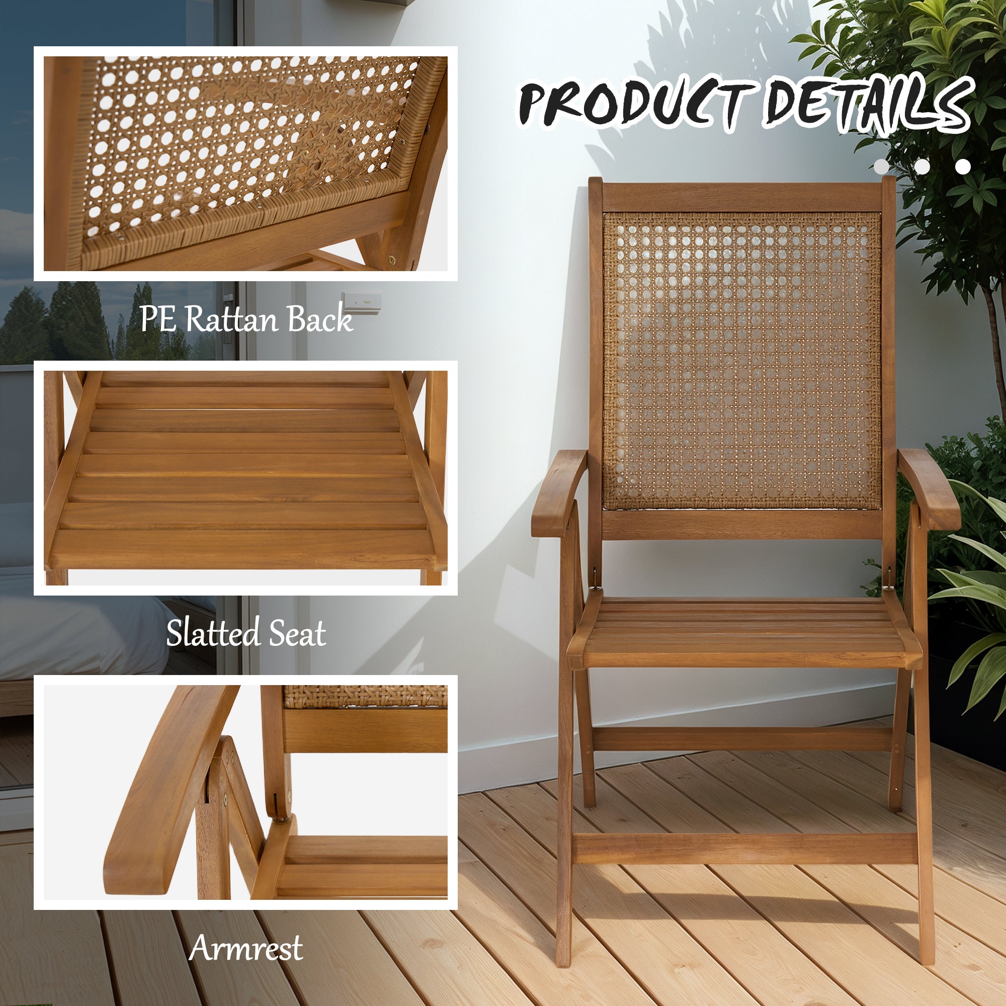 Outsunny Outdoor Folding Chair, Acacia Wood Foldable Camping Chair with 5-Level Adjustable Back, Slatted Seat, Armrest for Camping, Garden, Pool, Beach, Backyard, Teak