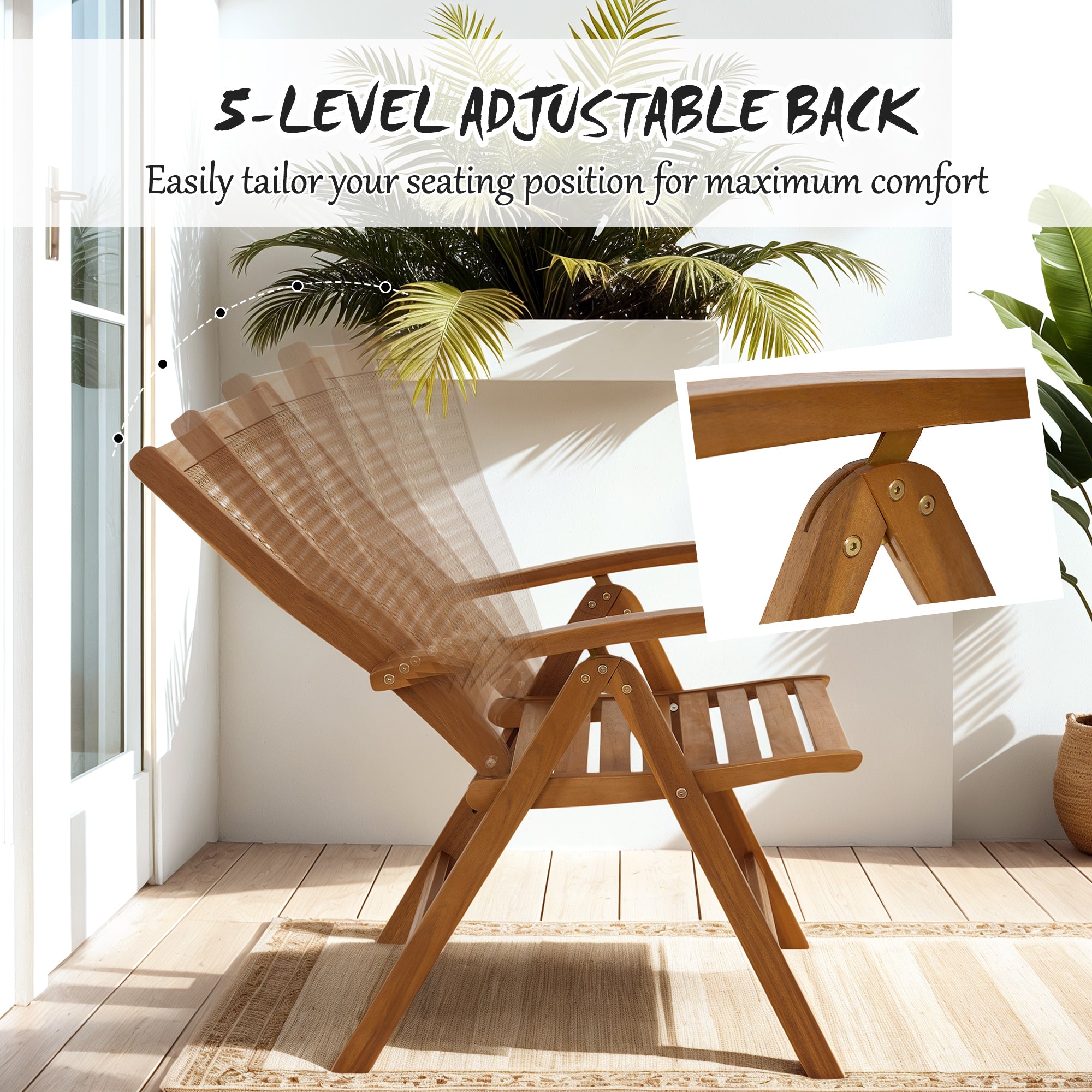 Outsunny Outdoor Folding Chair, Acacia Wood Foldable Camping Chair with 5-Level Adjustable Back, Slatted Seat, Armrest for Camping, Garden, Pool, Beach, Backyard, Teak
