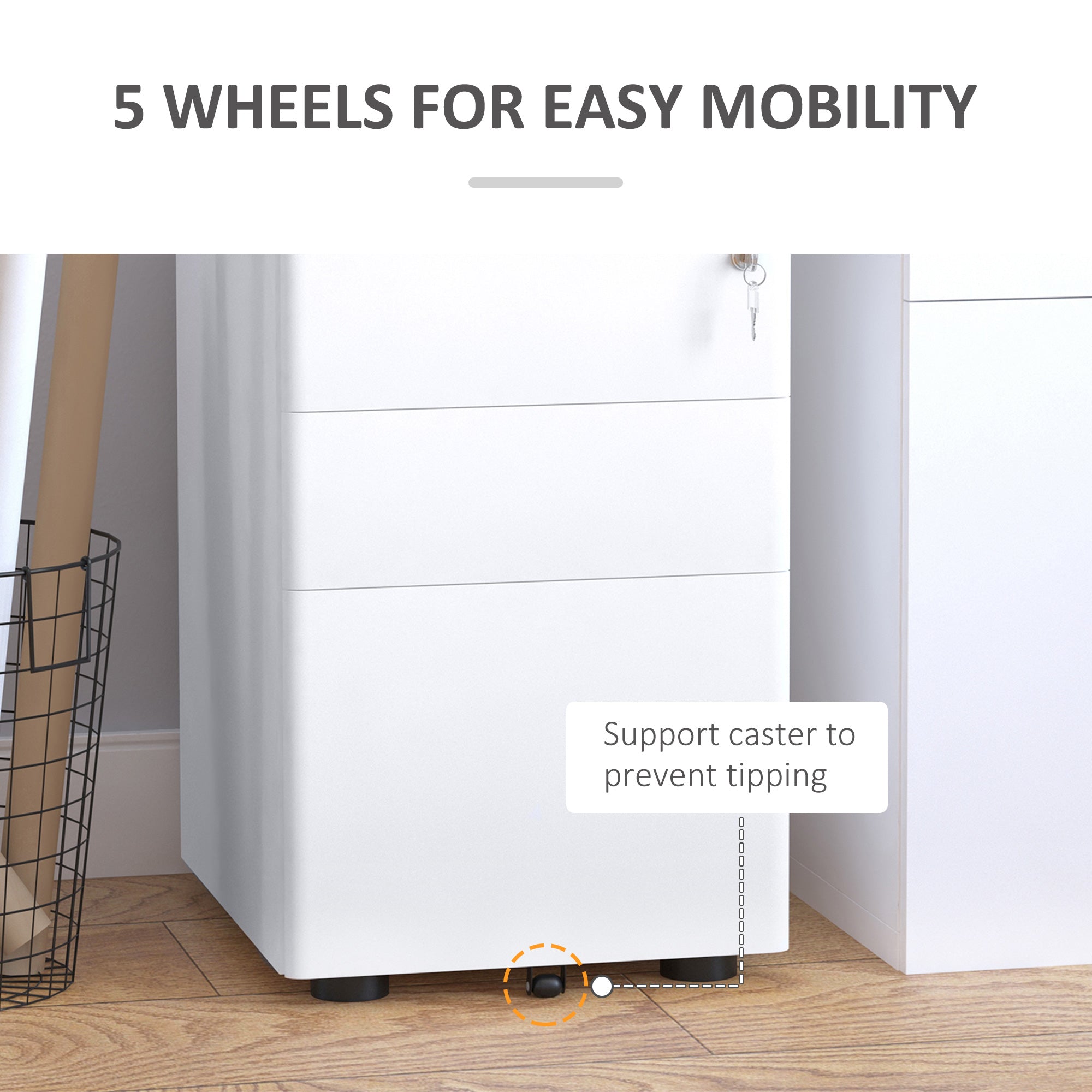Vinsetto Lockable File Cabinet with 3 Drawers, Steel Rolling Filing Cabinet with 5 Wheels and Pencil Case, Vertical Office Drawer for A4, Letter, Legal Size, Pre-Assembled Body, White