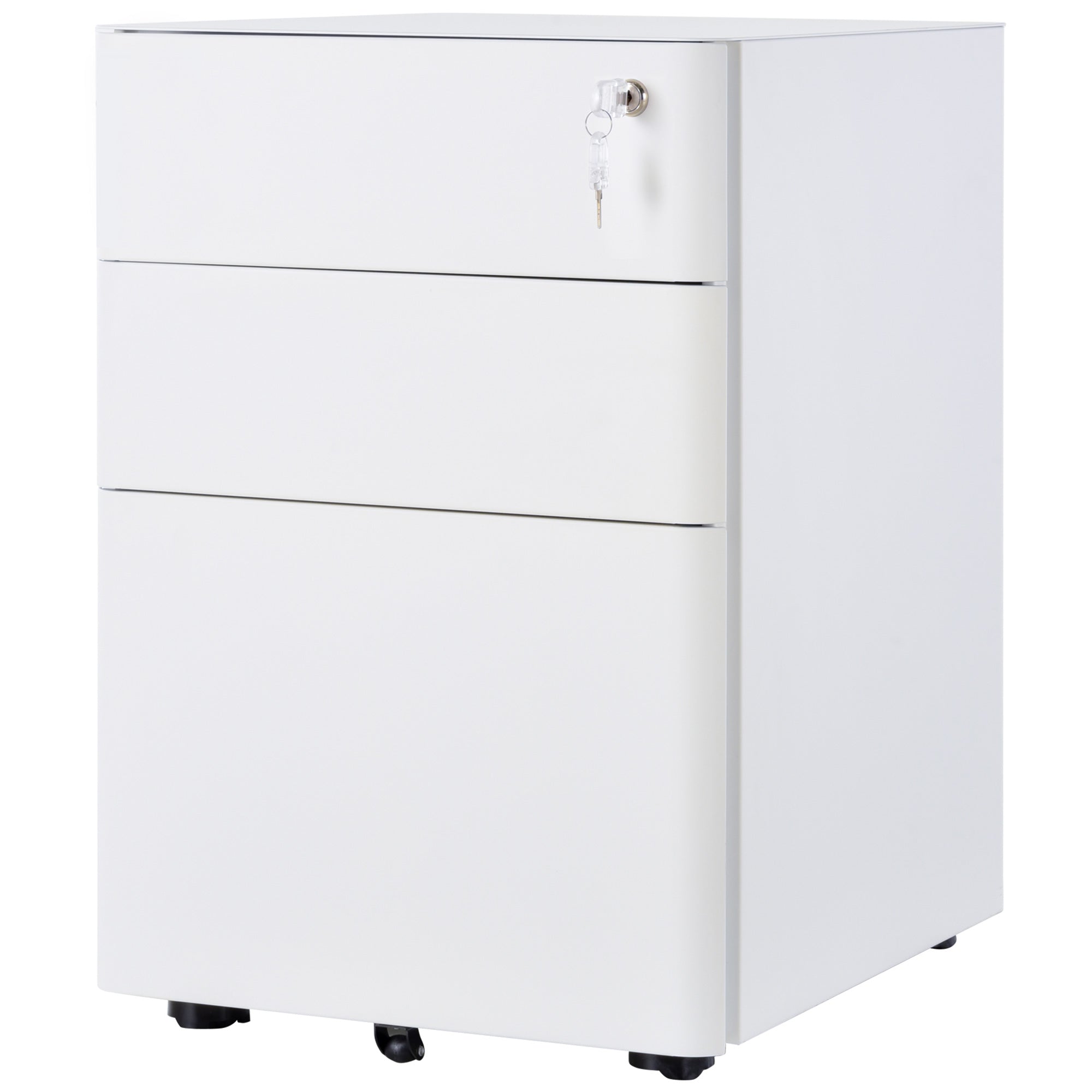 Vinsetto Lockable File Cabinet with 3 Drawers, Steel Rolling Filing Cabinet with 5 Wheels and Pencil Case, Vertical Office Drawer for A4, Letter, Legal Size, Pre-Assembled Body, White
