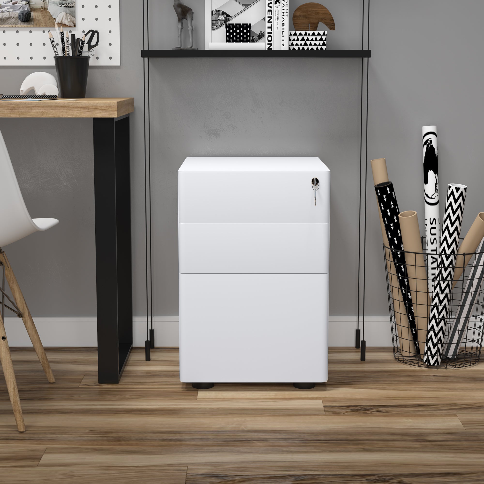 Vinsetto Lockable File Cabinet with 3 Drawers, Steel Rolling Filing Cabinet with 5 Wheels and Pencil Case, Vertical Office Drawer for A4, Letter, Legal Size, Pre-Assembled Body, White