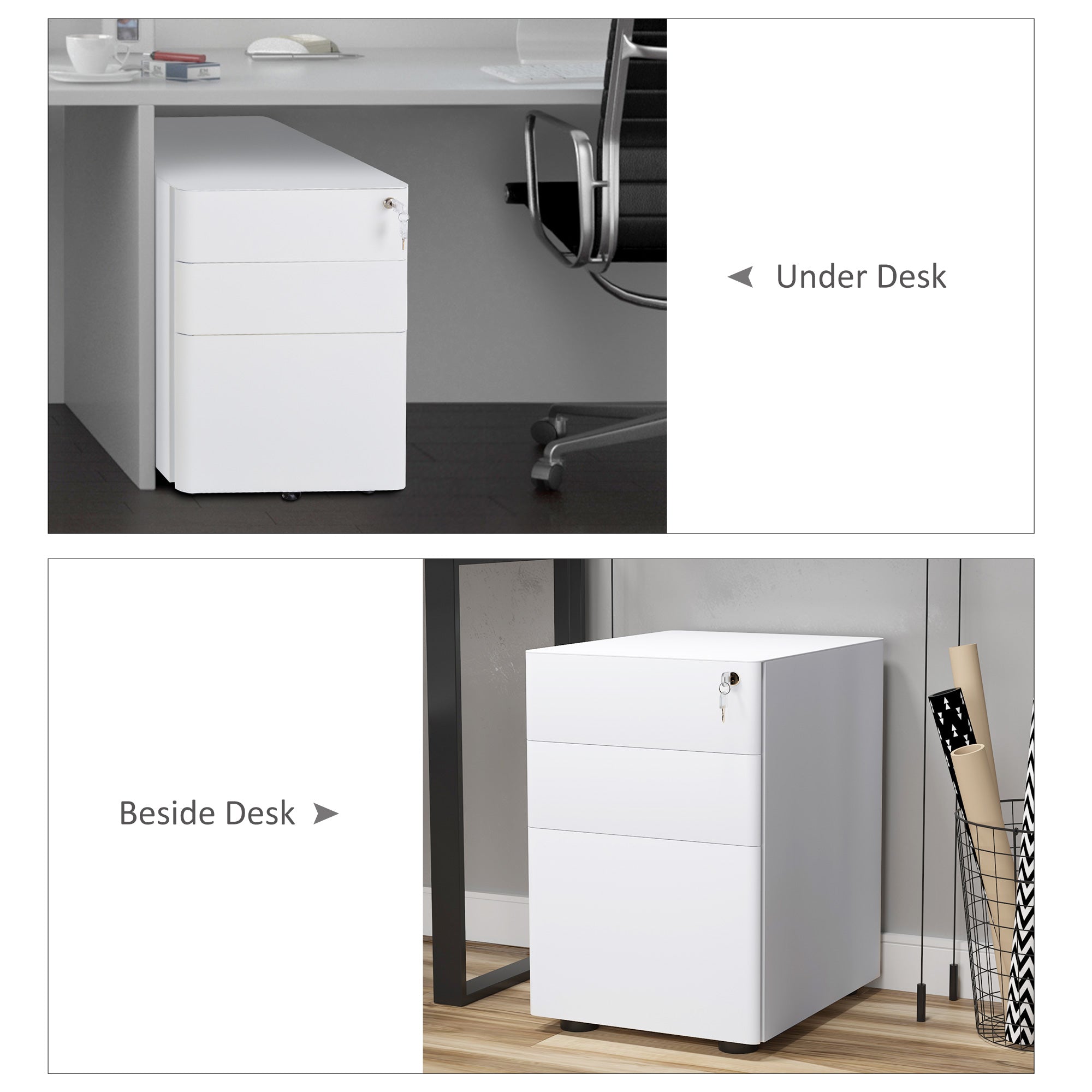 Vinsetto Lockable File Cabinet with 3 Drawers, Steel Rolling Filing Cabinet with 5 Wheels and Pencil Case, Vertical Office Drawer for A4, Letter, Legal Size, Pre-Assembled Body, White