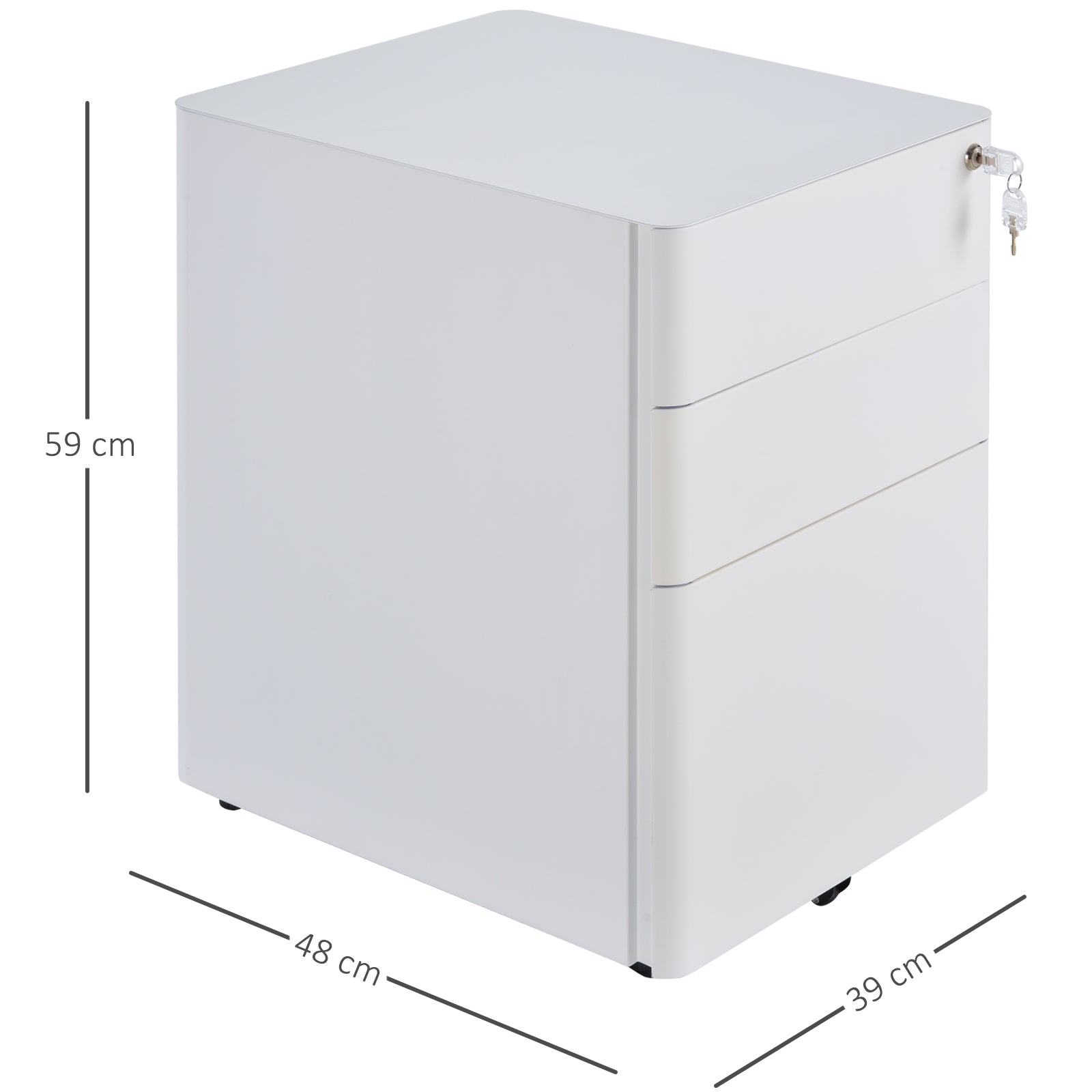 Vinsetto Lockable File Cabinet with 3 Drawers, Steel Rolling Filing Cabinet with 5 Wheels and Pencil Case, Vertical Office Drawer for A4, Letter, Legal Size, Pre-Assembled Body, White