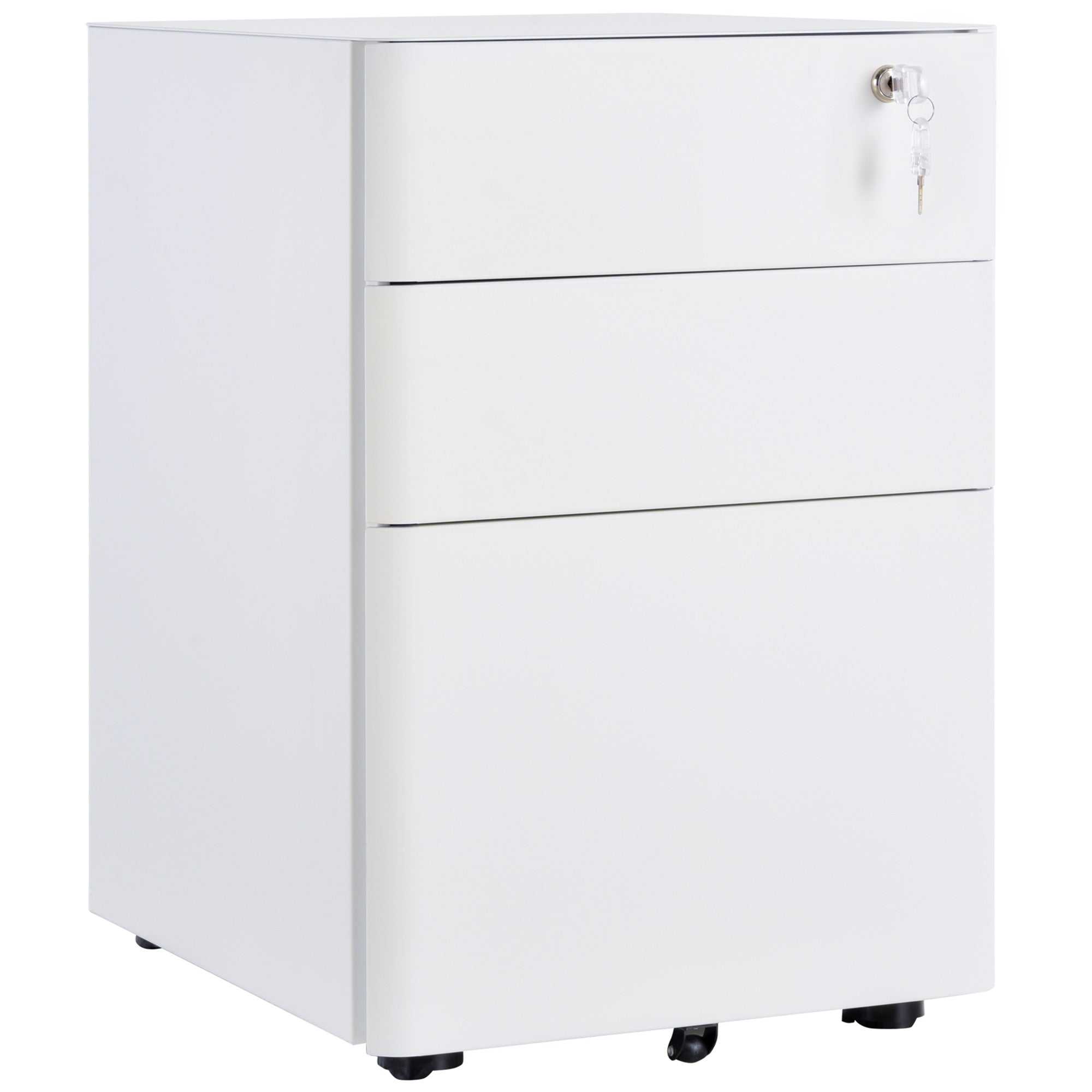 Vinsetto Lockable File Cabinet with 3 Drawers, Steel Rolling Filing Cabinet with 5 Wheels and Pencil Case, Vertical Office Drawer for A4, Letter, Legal Size, Pre-Assembled Body, White