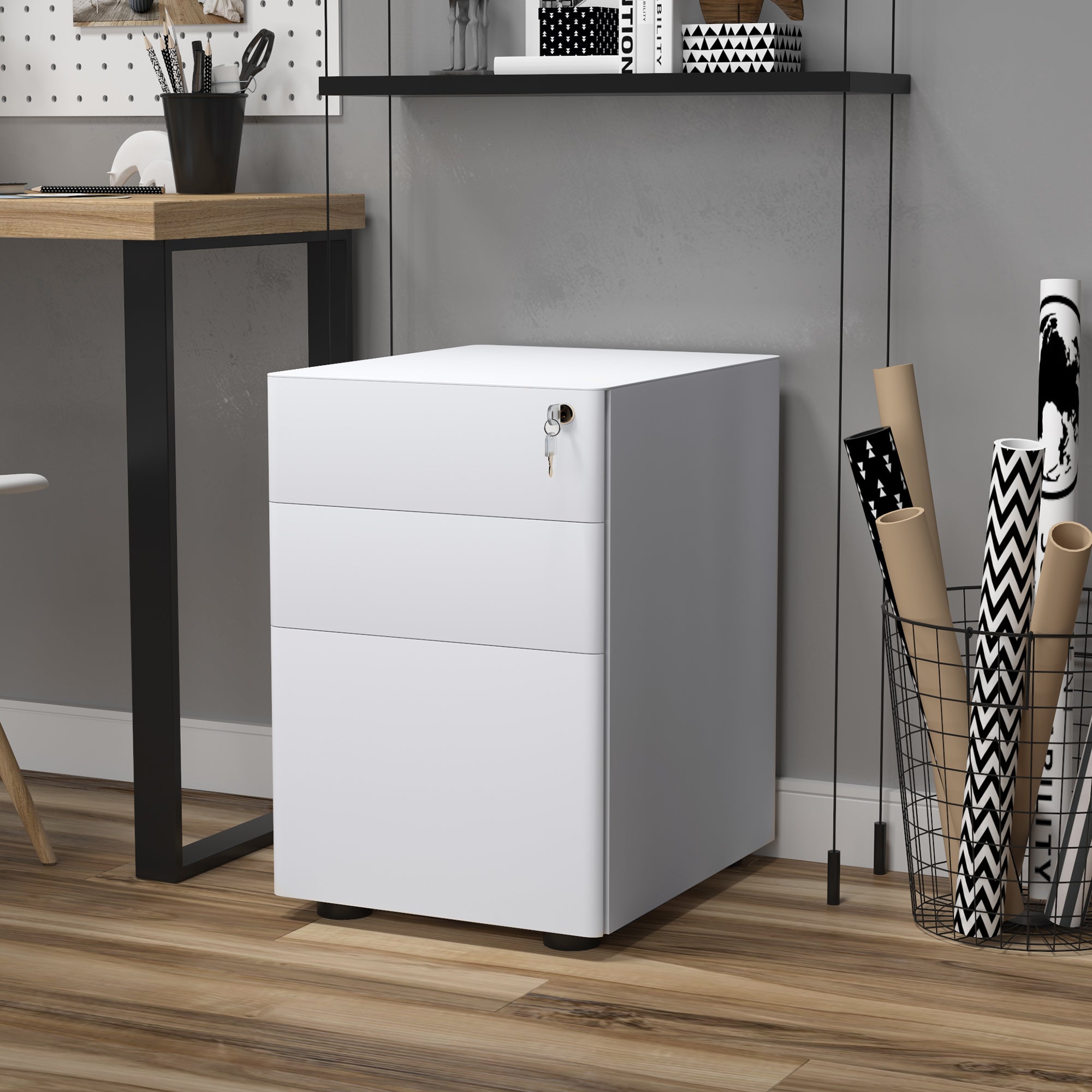 Vinsetto Lockable File Cabinet with 3 Drawers, Steel Rolling Filing Cabinet with 5 Wheels and Pencil Case, Vertical Office Drawer for A4, Letter, Legal Size, Pre-Assembled Body, White