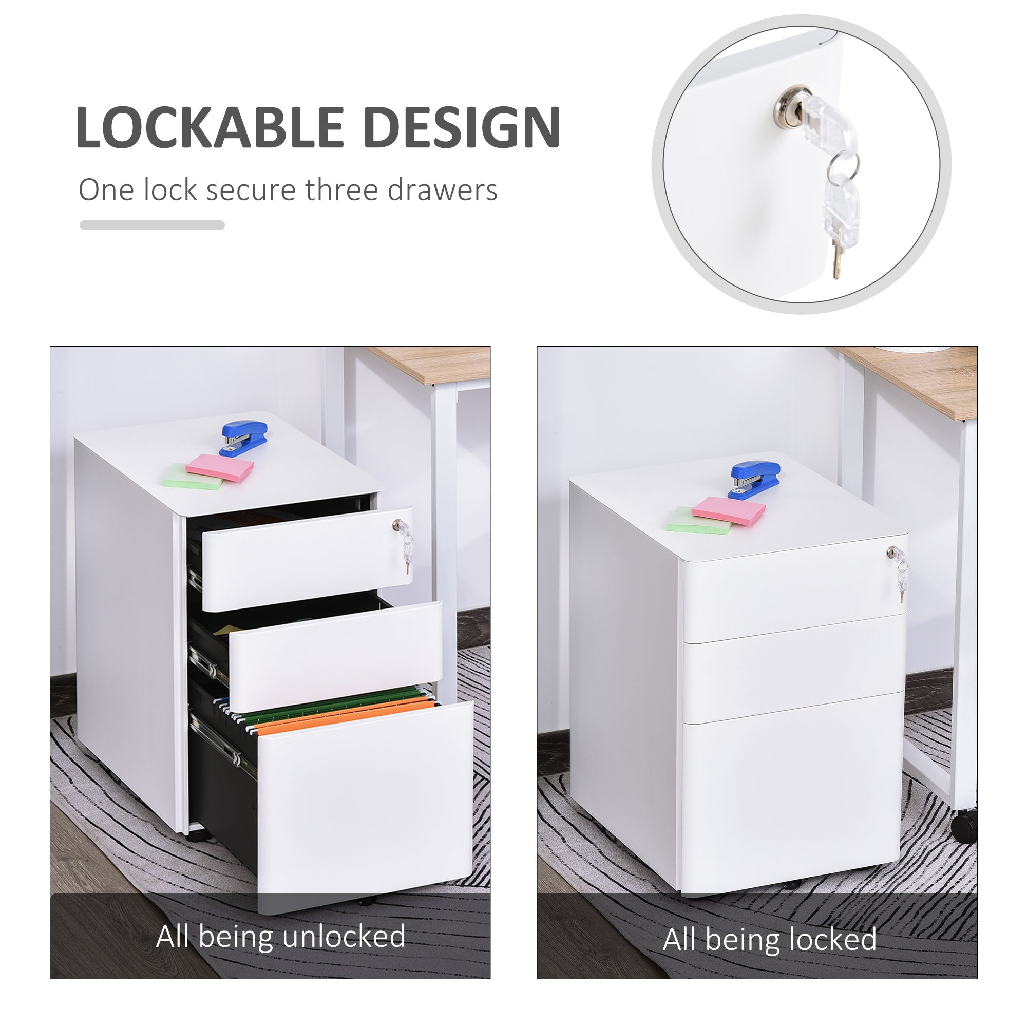 Vinsetto Lockable File Cabinet with 3 Drawers, Steel Rolling Filing Cabinet with 5 Wheels and Pencil Case, Vertical Office Drawer for A4, Letter, Legal Size, Pre-Assembled Body, White