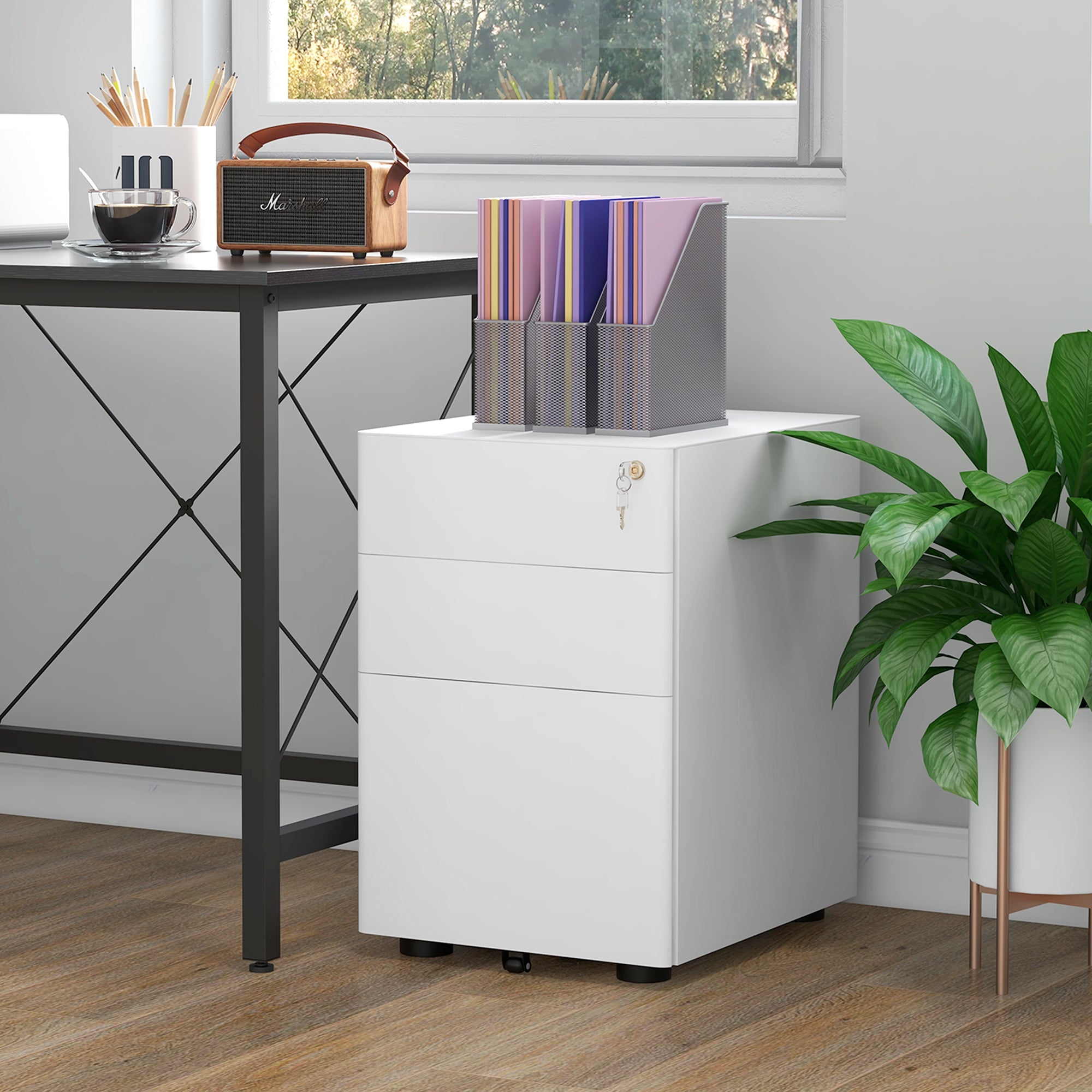 Vinsetto Lockable File Cabinet with 3 Drawers, Steel Rolling Filing Cabinet with 5 Wheels and Pencil Case, Vertical Office Drawer for A4, Letter, Legal Size, Pre-Assembled Body, White