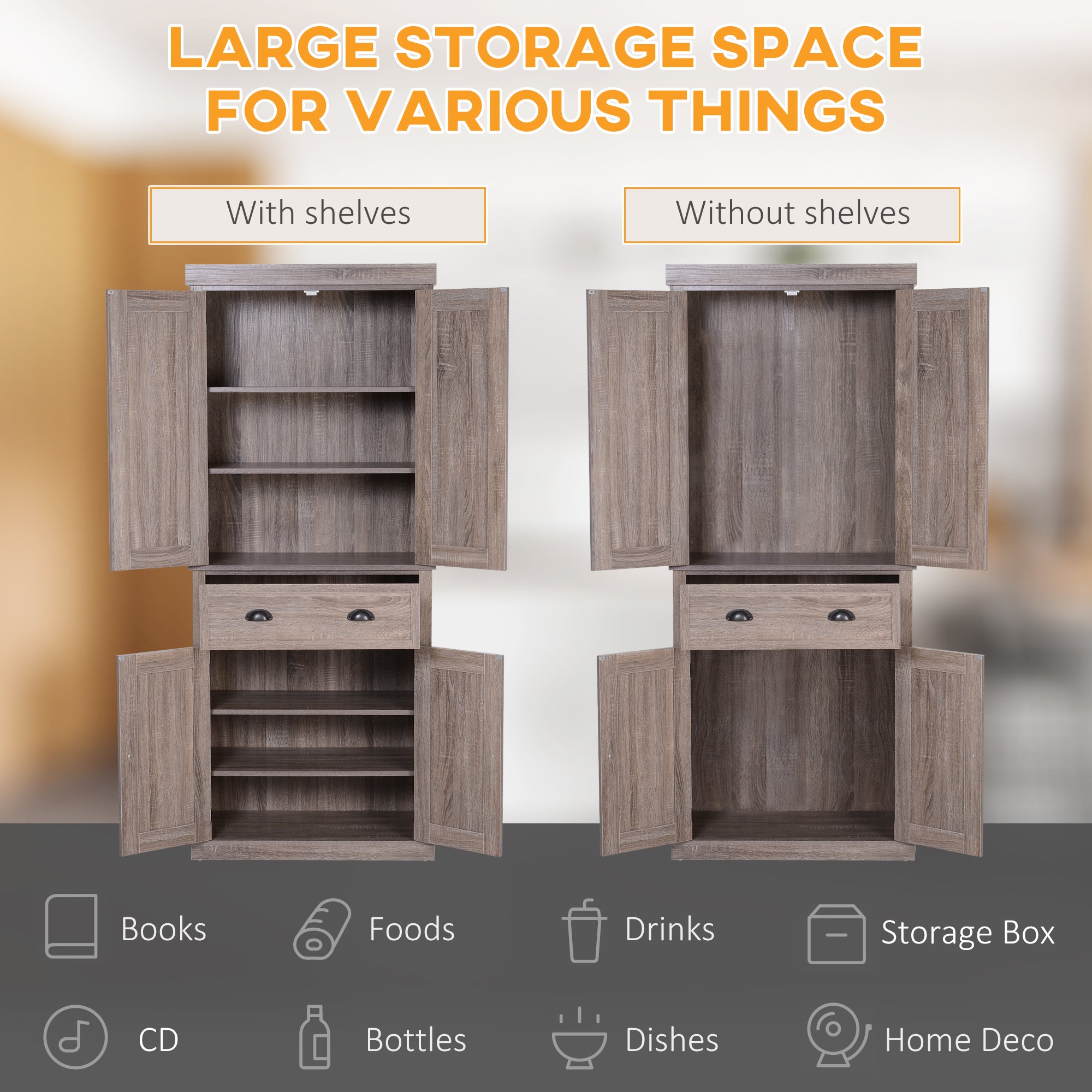 HOMCOM Freestanding Kitchen Pantry Storage Cabinet, Tall Cabinet with Drawer and Adjustable Shelves, Wood Grain