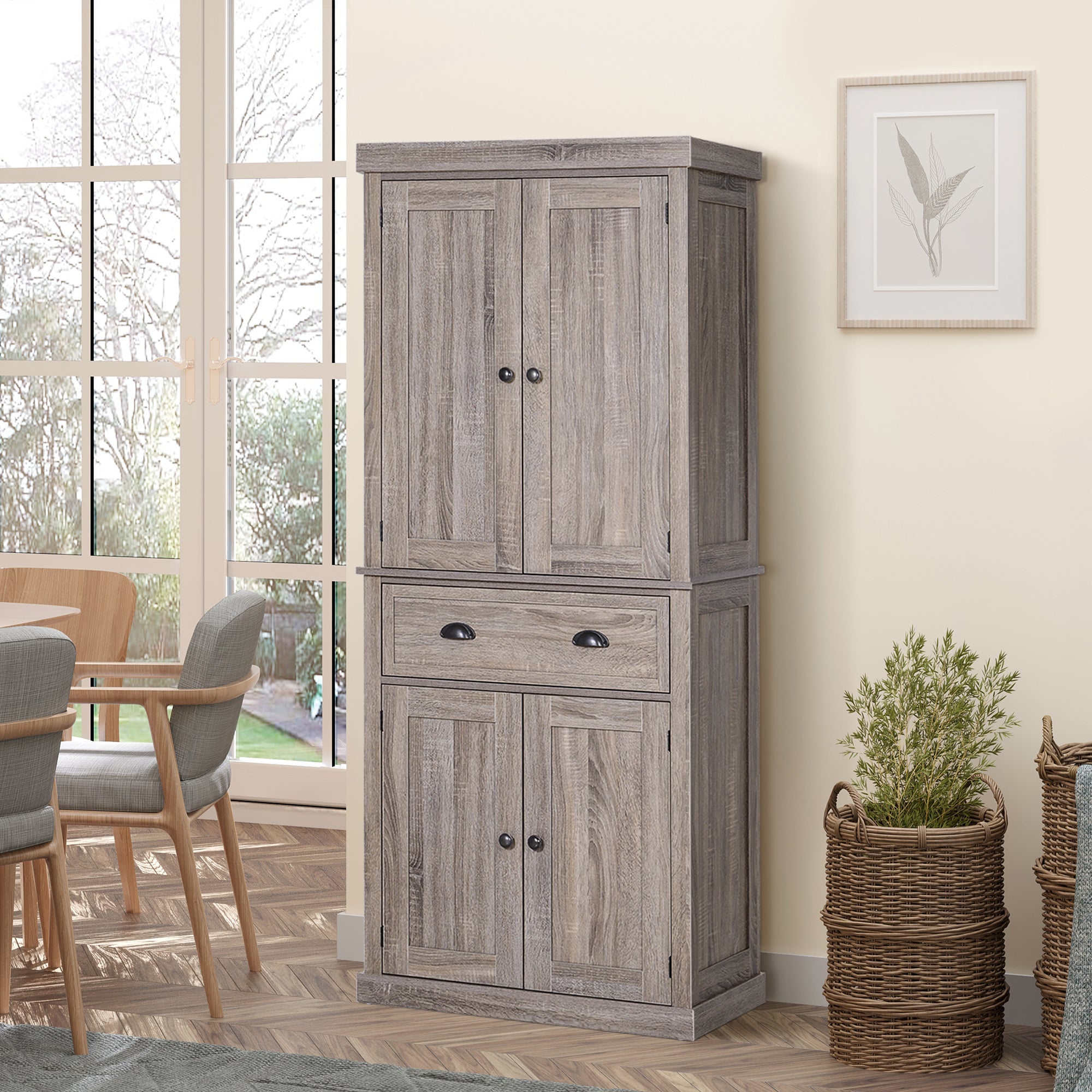 HOMCOM Freestanding Kitchen Pantry Storage Cabinet, Tall Cabinet with Drawer and Adjustable Shelves, Wood Grain