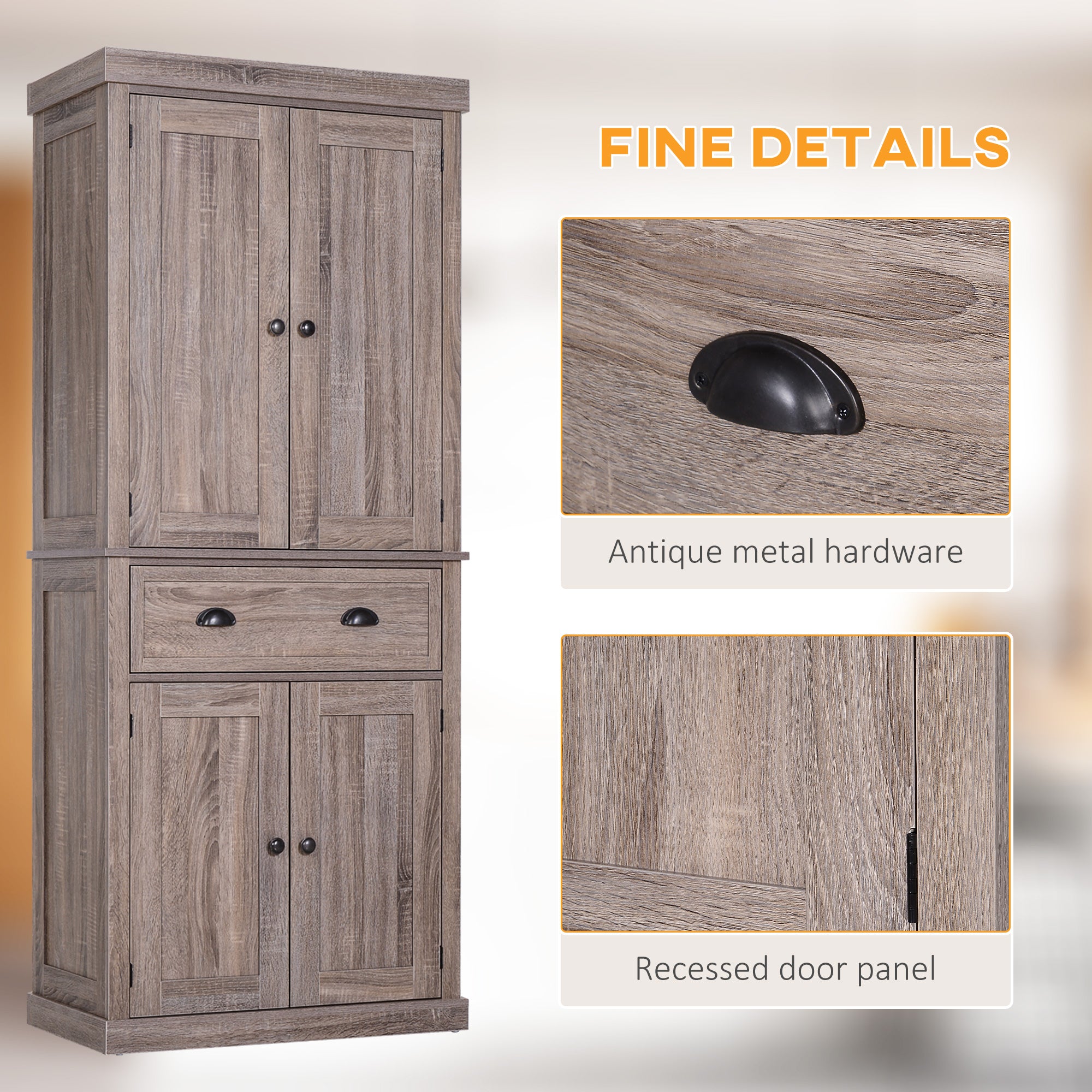 HOMCOM Freestanding Kitchen Pantry Storage Cabinet, Tall Cabinet with Drawer and Adjustable Shelves, Wood Grain
