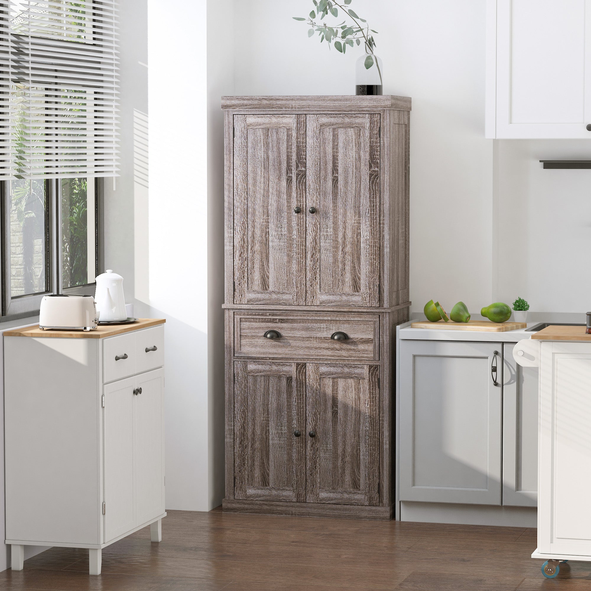HOMCOM Freestanding Kitchen Pantry Storage Cabinet, Tall Cabinet with Drawer and Adjustable Shelves, Wood Grain