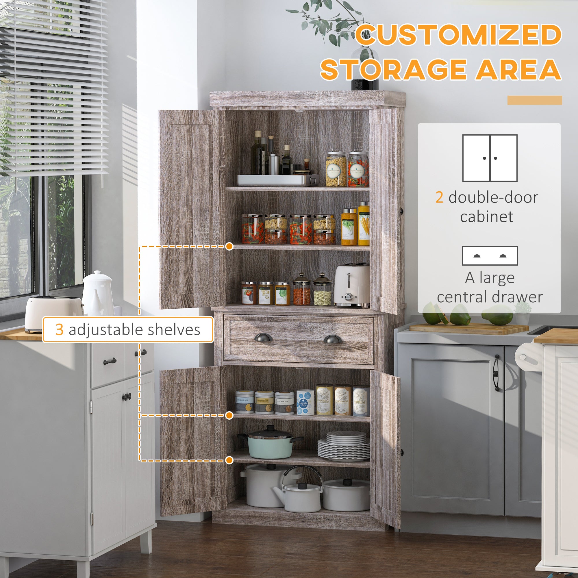 HOMCOM Freestanding Kitchen Pantry Storage Cabinet, Tall Cabinet with Drawer and Adjustable Shelves, Wood Grain