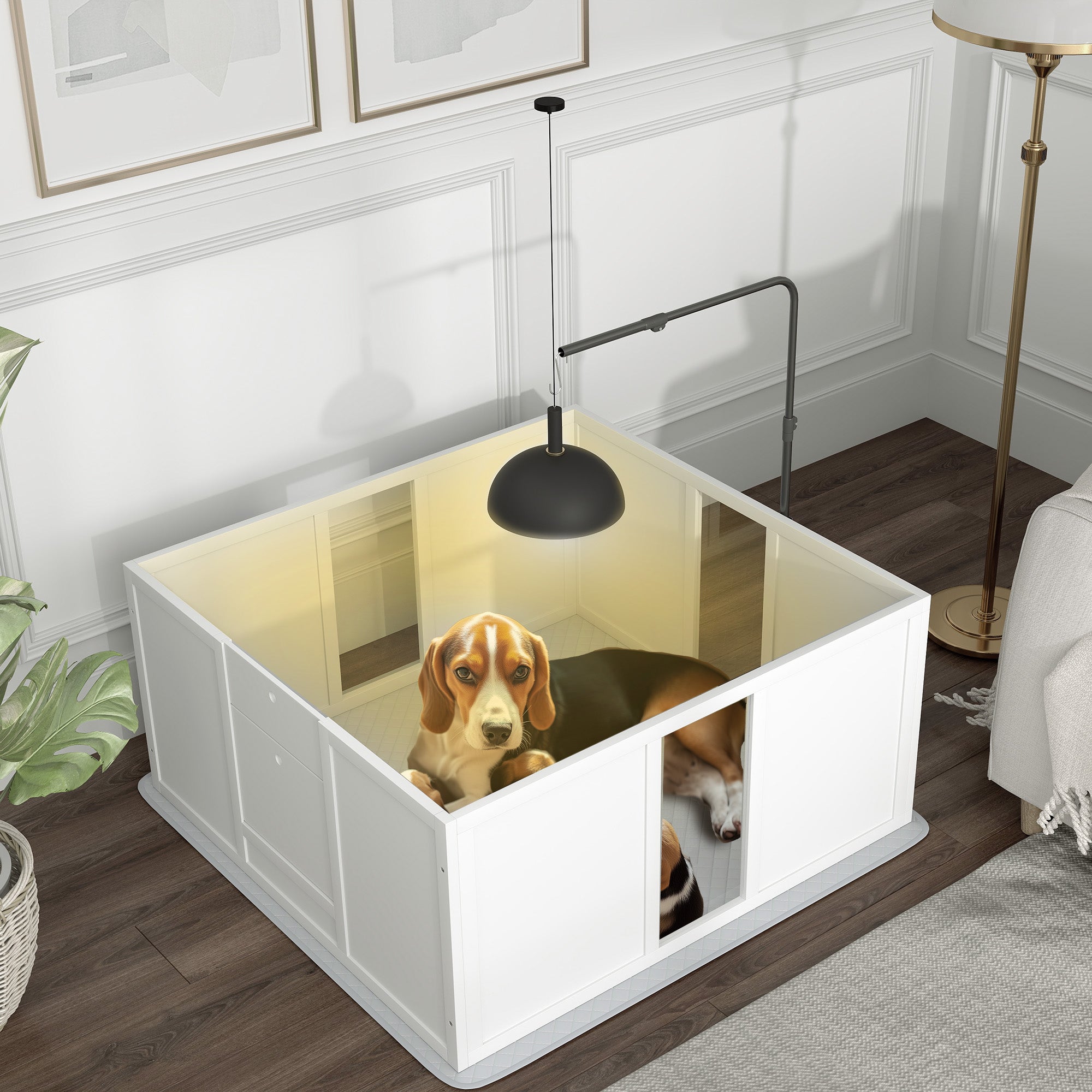 PawHut Whelping Box for Dogs, Newborn Puppy Supplies with Retractable Light Stand, Waterproof Pee Pad, Adjustable Height Door for Small and Medium Breed Dogs, 39" x 38"
