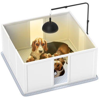 PawHut Whelping Box for Dogs, Newborn Puppy Supplies with Retractable Light Stand, Waterproof Pee Pad, Adjustable Height Door for Small and Medium Breed Dogs, 39" x 38"