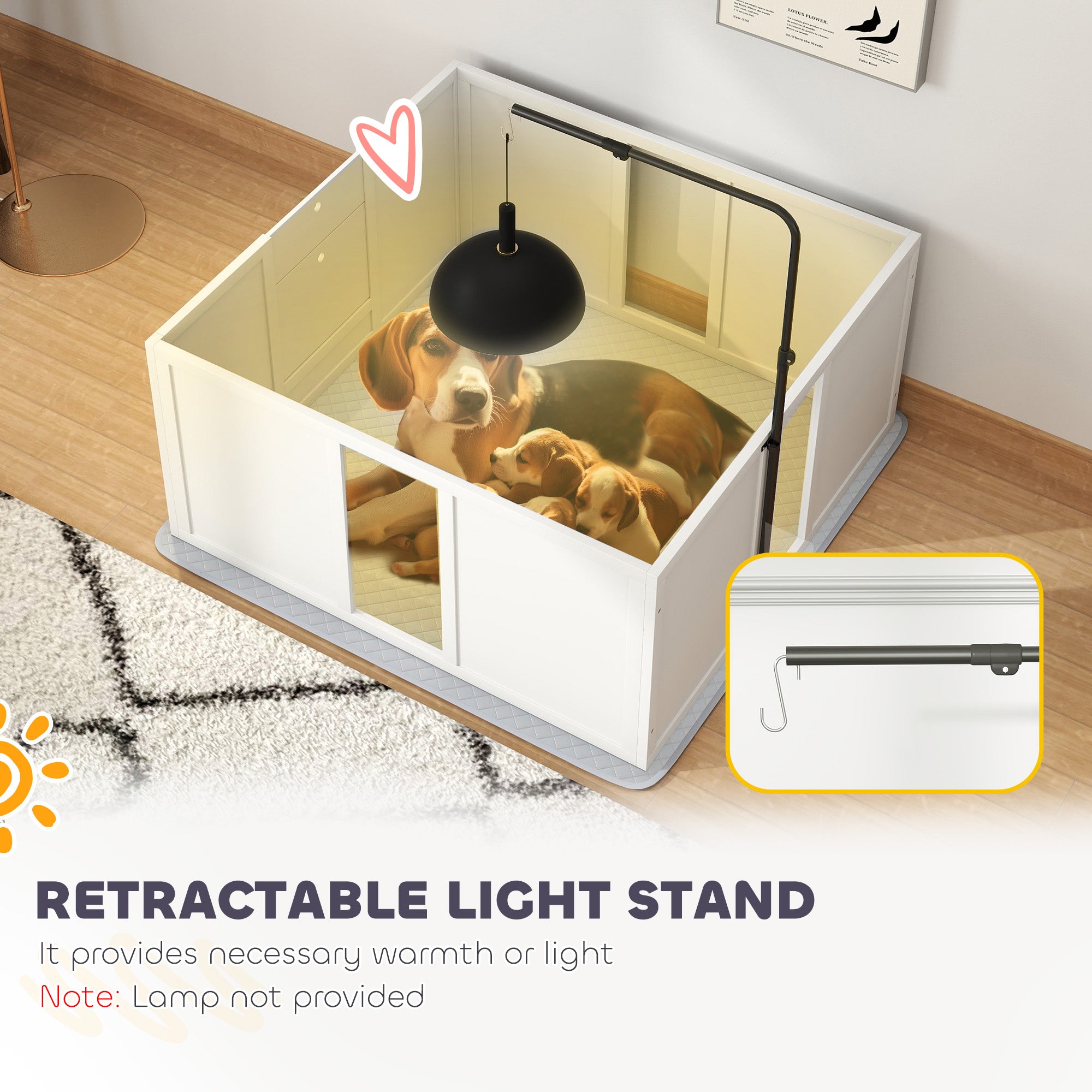 PawHut Whelping Box for Dogs, Newborn Puppy Supplies with Retractable Light Stand, Waterproof Pee Pad, Adjustable Height Door for Small and Medium Breed Dogs, 39" x 38"
