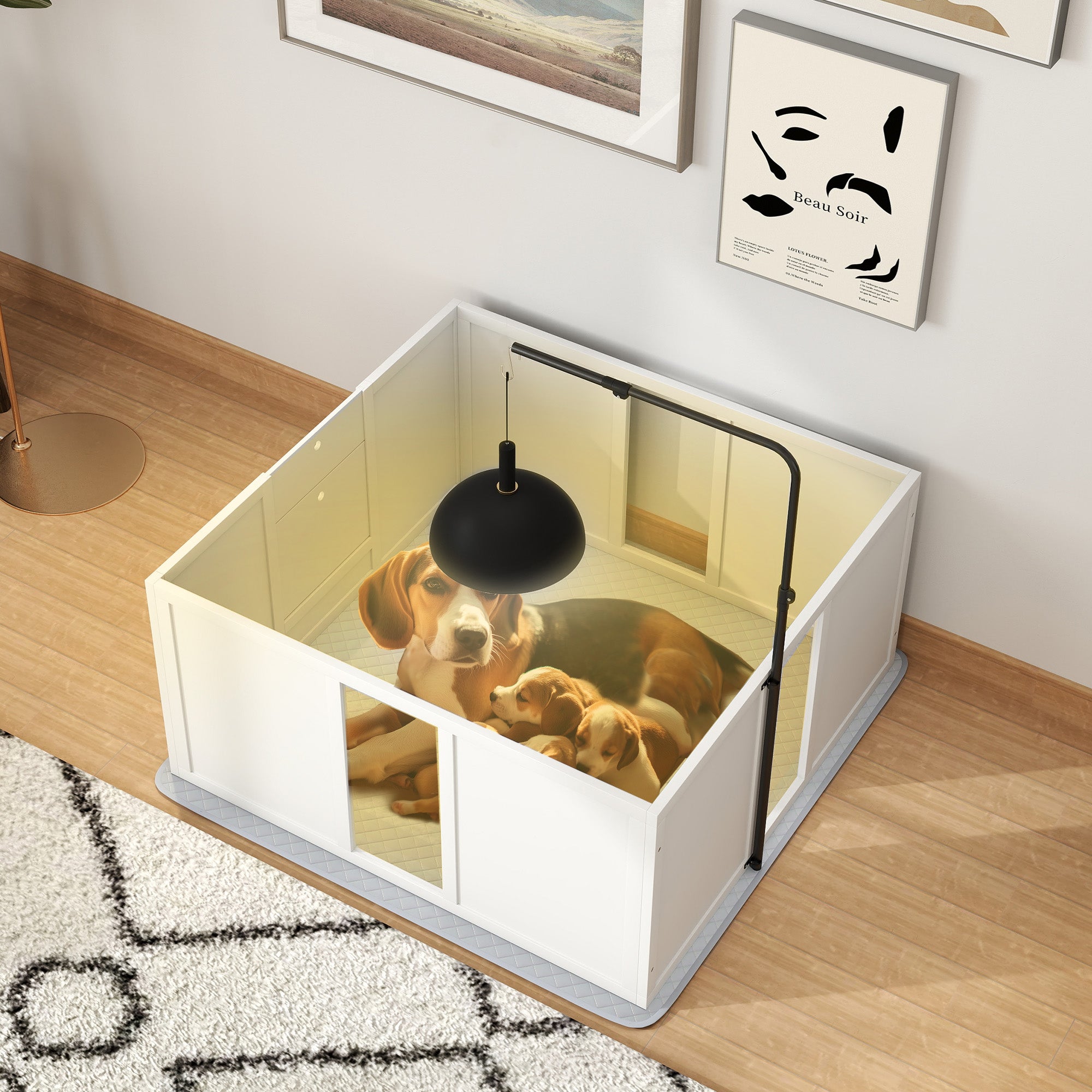 PawHut Whelping Box for Dogs, Newborn Puppy Supplies with Retractable Light Stand, Waterproof Pee Pad, Adjustable Height Door for Small and Medium Breed Dogs, 39" x 38"