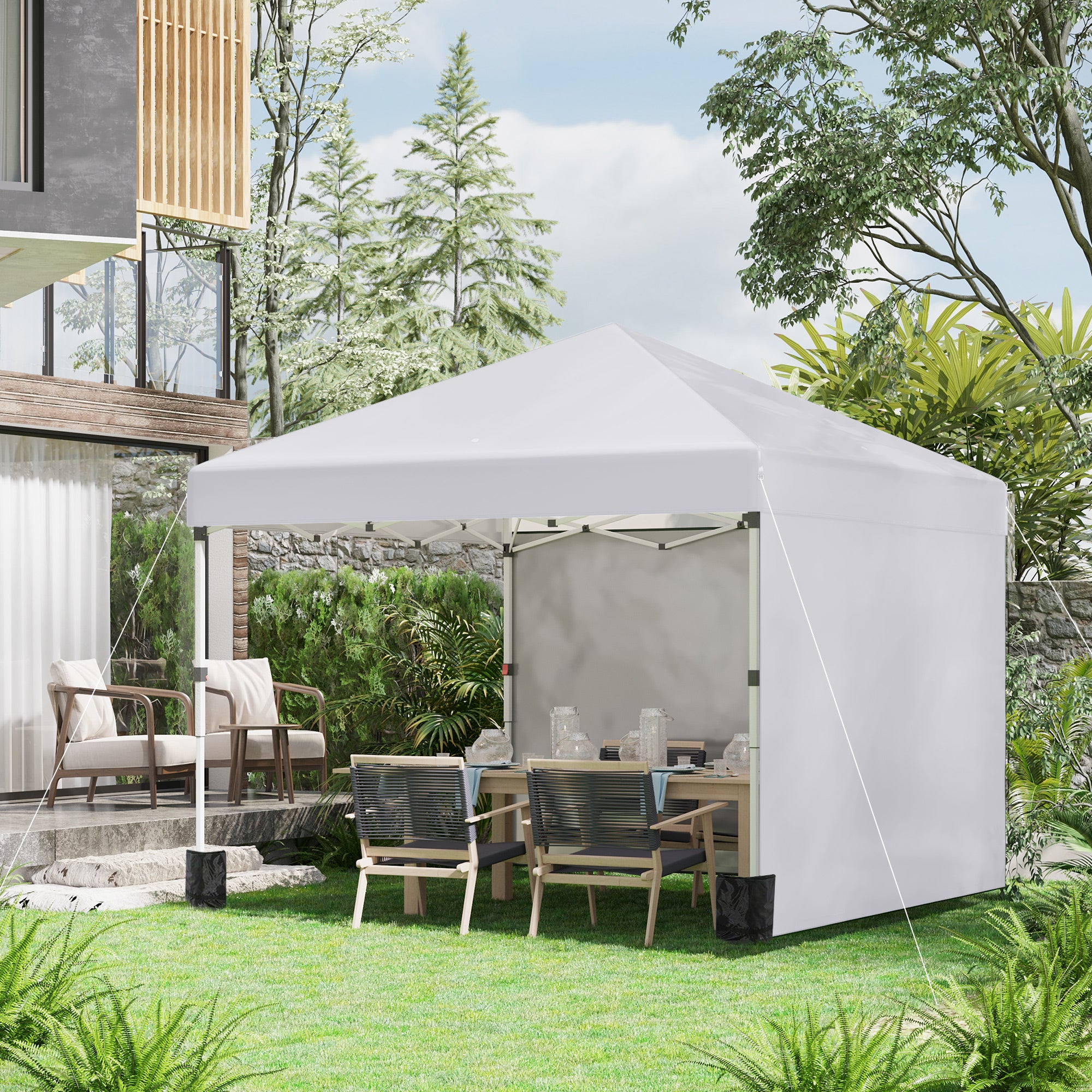 Outsunny 10' x 10' Pop Up Canopy Tent with Removable Sidewalls, Instant Shelter with Portable Roller Bag, 4 Sand Bags, Adjustable Height for Outdoor, Garden, Patio, White