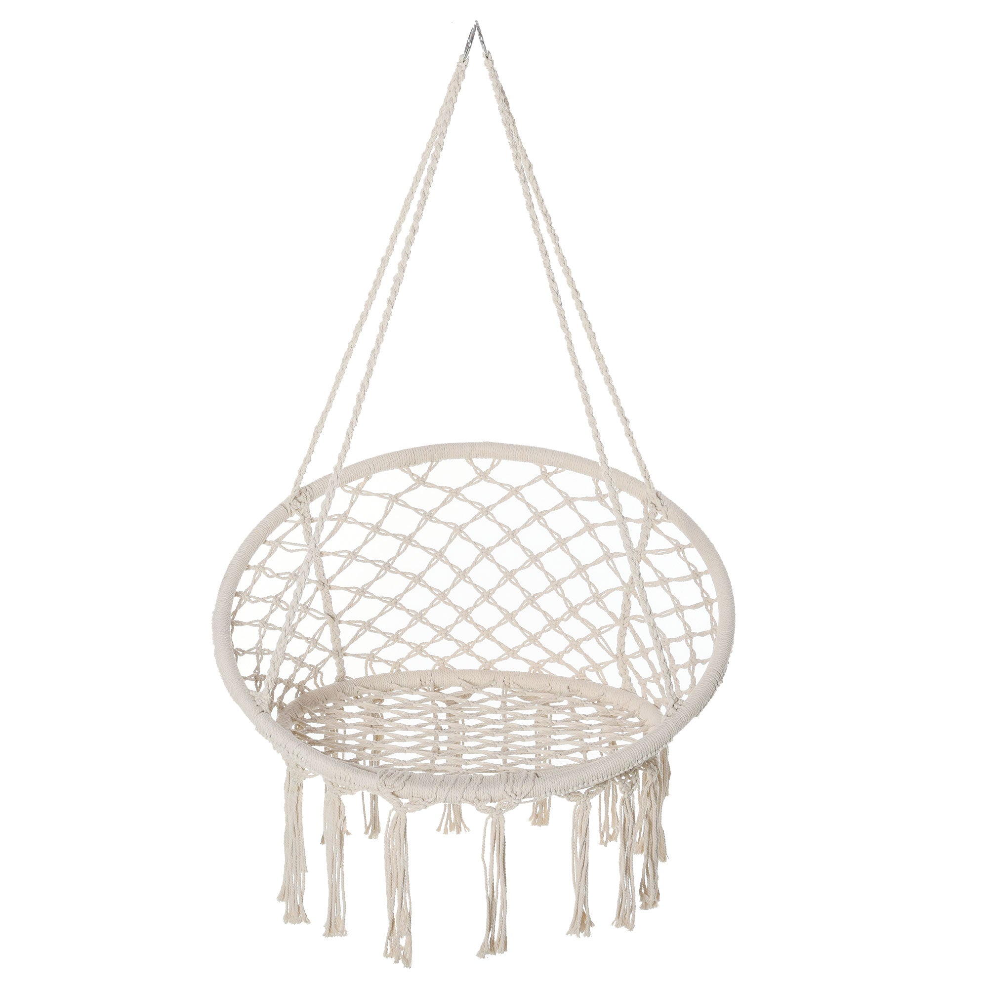 Outsunny Patio Hammock Chair, Hanging Rope Hammock Swing for Indoor & Outdoor Use with Backrest, Cotton-Polyester Blend, Fringe Tassels, Cream White