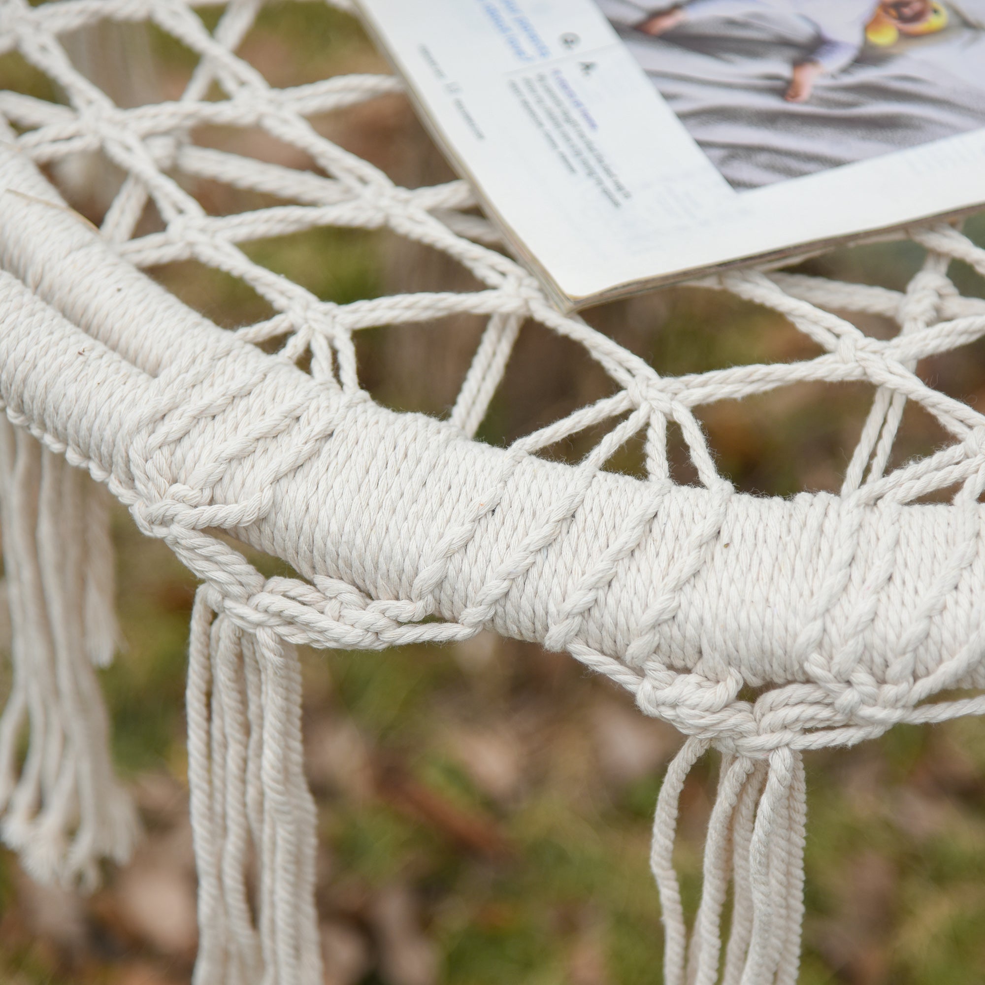 Outsunny Patio Hammock Chair, Hanging Rope Hammock Swing for Indoor & Outdoor Use with Backrest, Cotton-Polyester Blend, Fringe Tassels, Cream White