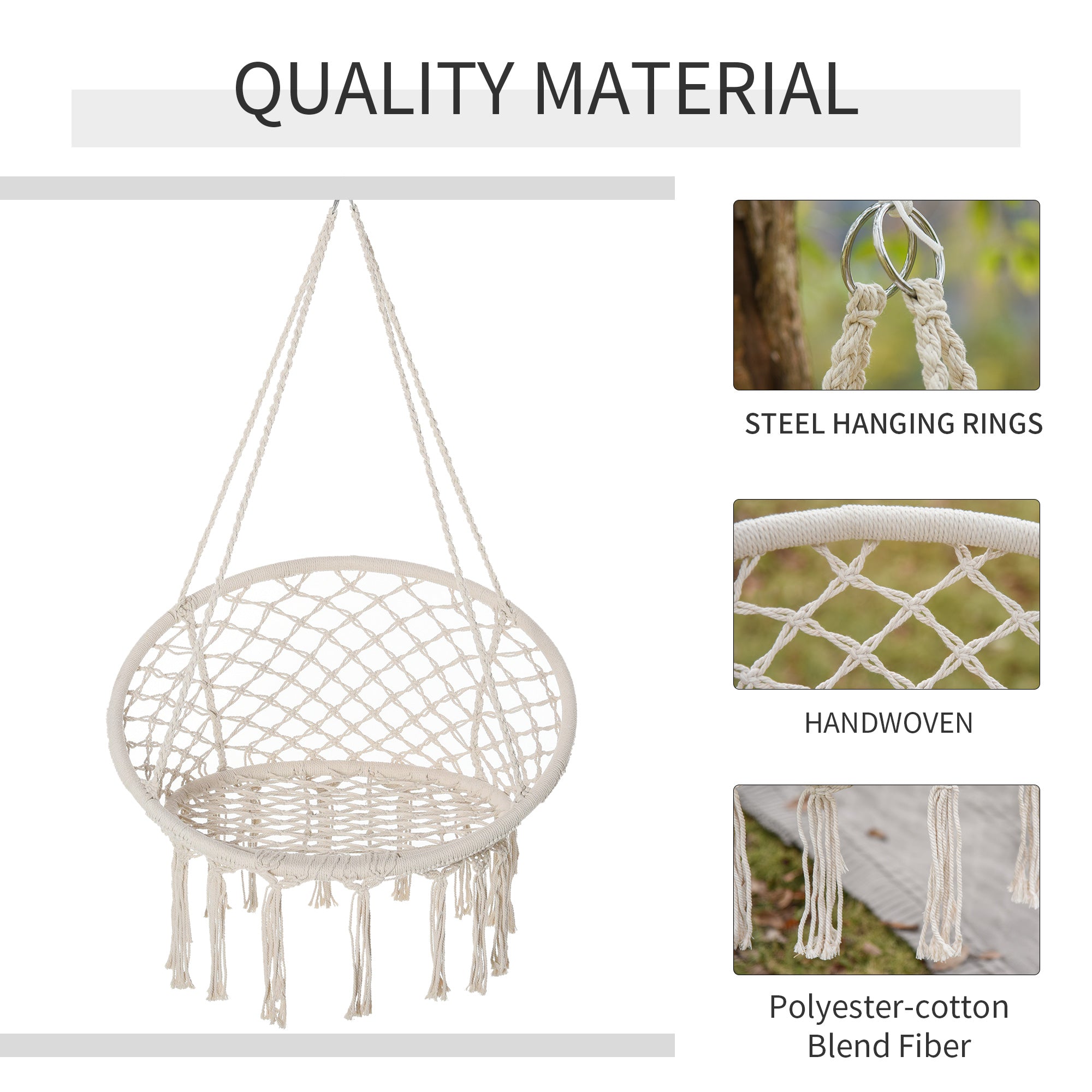 Outsunny Patio Hammock Chair, Hanging Rope Hammock Swing for Indoor & Outdoor Use with Backrest, Cotton-Polyester Blend, Fringe Tassels, Cream White