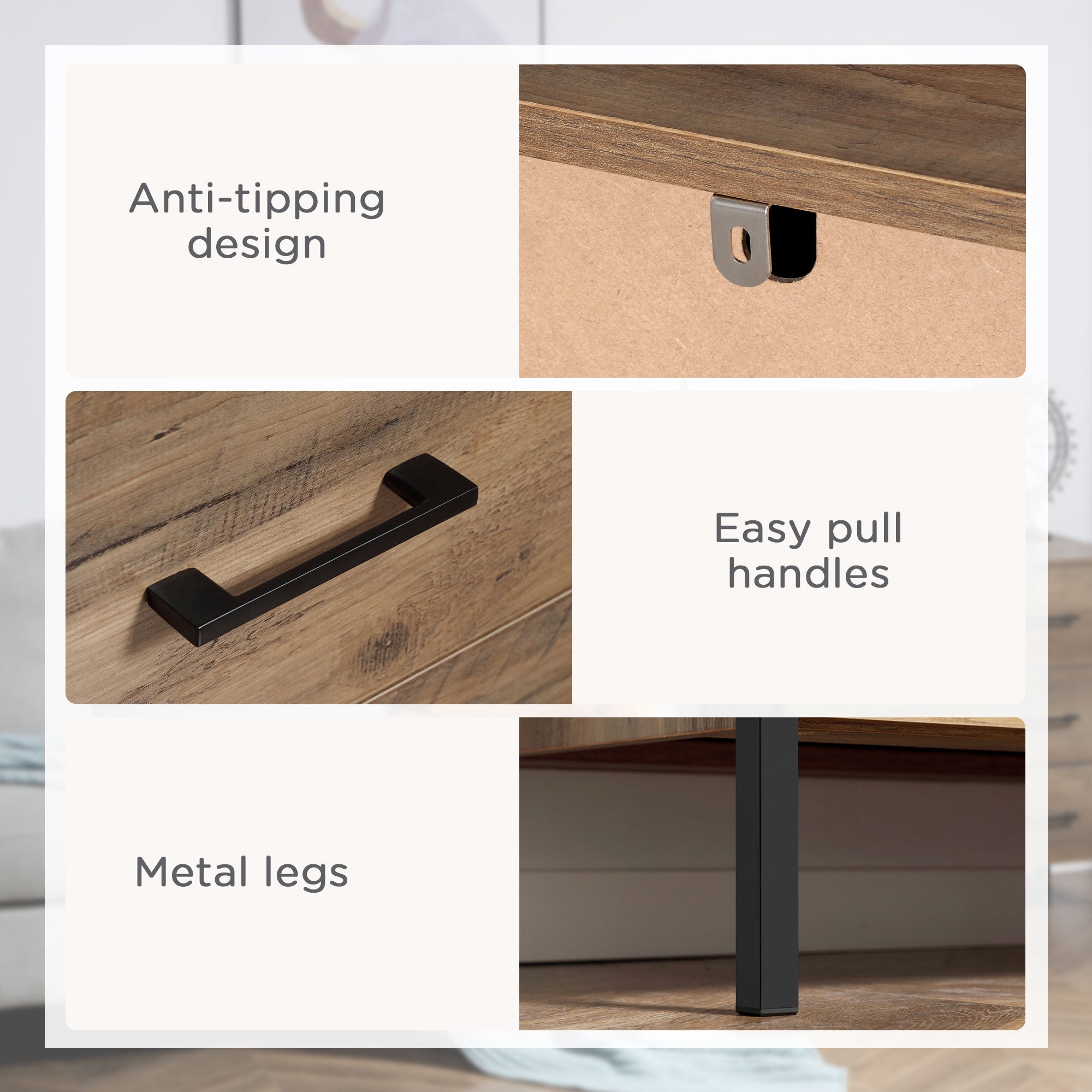 HOMCOM 4 Drawer Dresser, Chest of Drawers with Metal Frame and Handles for Bedroom, Brown